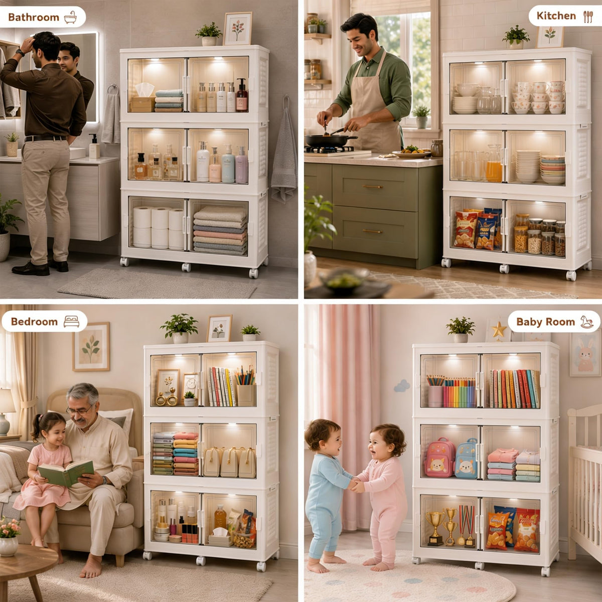 FINCHESCLUB 568QT/141GAL 3 Tier Stackable Storage Bins, Foldable Cabinets with Wheels, Doors and Motion Sensor Lights, Collapsible Closet Storage Organizer, 3 Pack Cubes, White