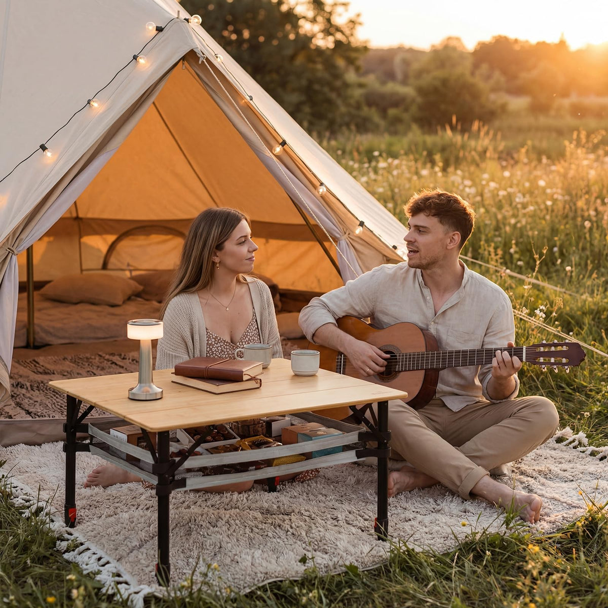Join Nature 31.5'' Bamboo Folding Camping Table, Adjustable Height Folding Outdoor Table with Aluminum Frame & Mesh Storage, Portable Camp Table with Carry Bag for Camping, RV, Tailgating & Backyard
