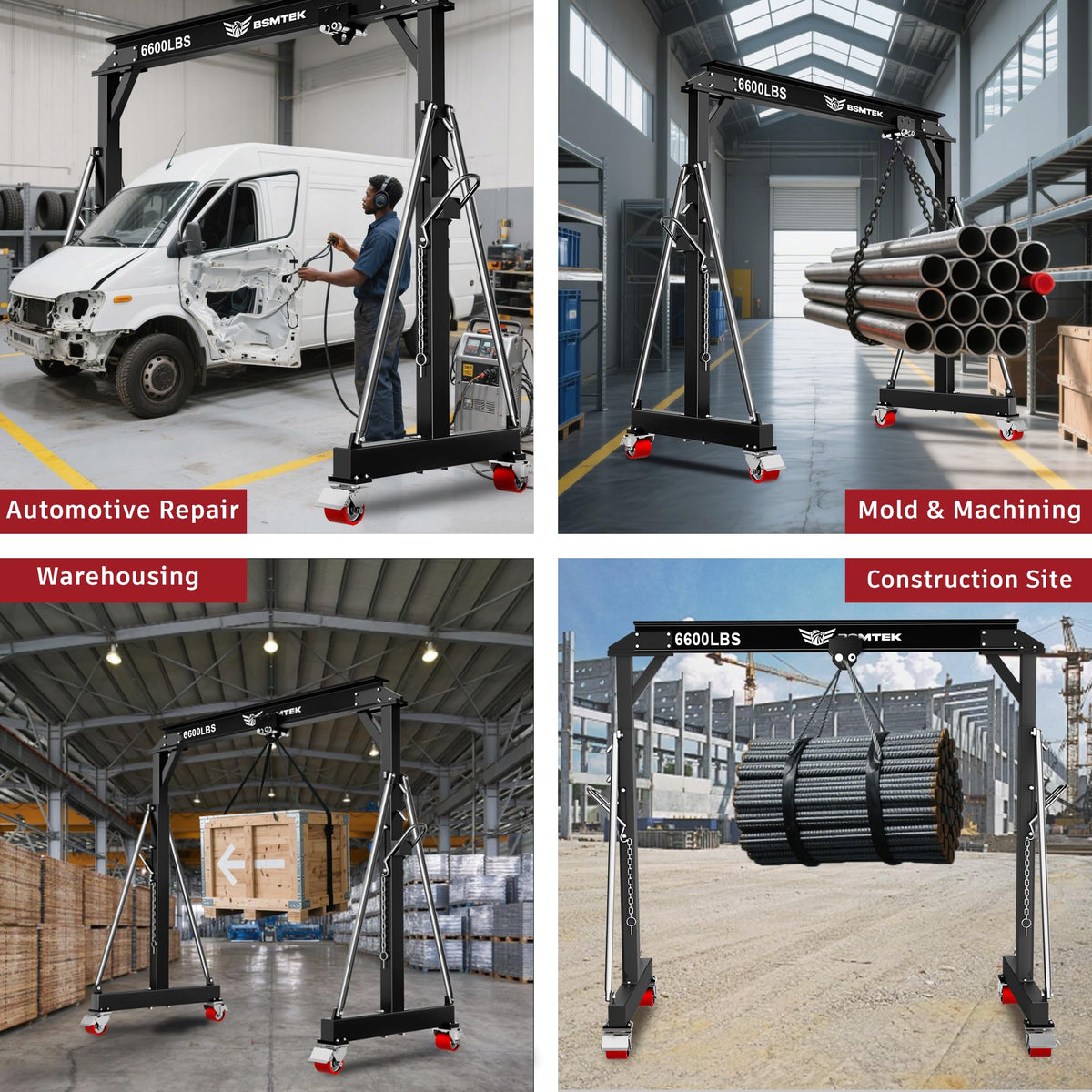 BSMTEK 3 Ton 6600LBS Gantry Crane, Upgraded Trolley, Adjustable Height (8.53-12.47 FT), Width (8.53 FT), Steel I-Beam Construction, Portable Shop Hoist for Factory, Warehouses, Repair