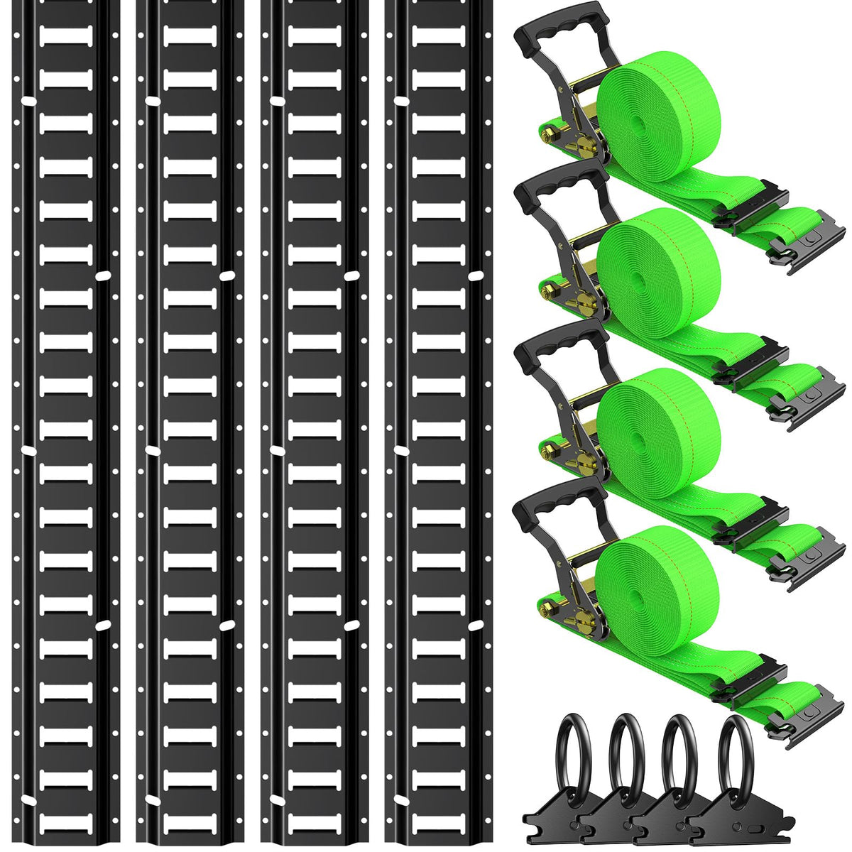 Trekassy 8ft E Track Rail Kit with 4 Ratchet Straps & 4 O-Rings, Heavy-Duty Powder-Coat Black 8' Etrack(4Pack, 48 Slots/Rail) for Vans, Trucks, Garages, Trailer Tie Down System