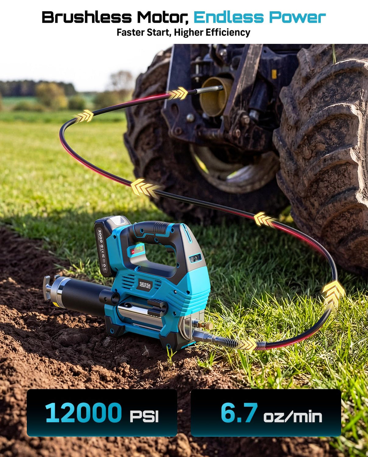 Seesii 12000PSI Electric Grease Gun: 3 Speed Control Battery Powered Grease Gun Cordless with 2 Batteries, Brushless Motor, 39.4” Long Hose, 90 Degree Coupler & LED Light for Heavy Duty Equipment