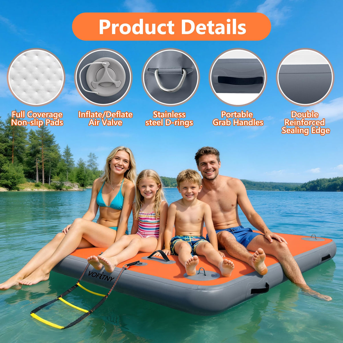 VOFiTNY Inflatable Floating Dock Swim Air Platform Island Raft Mat for Lake Beach Ocean with Rope Ladder, Non-Slip Surface