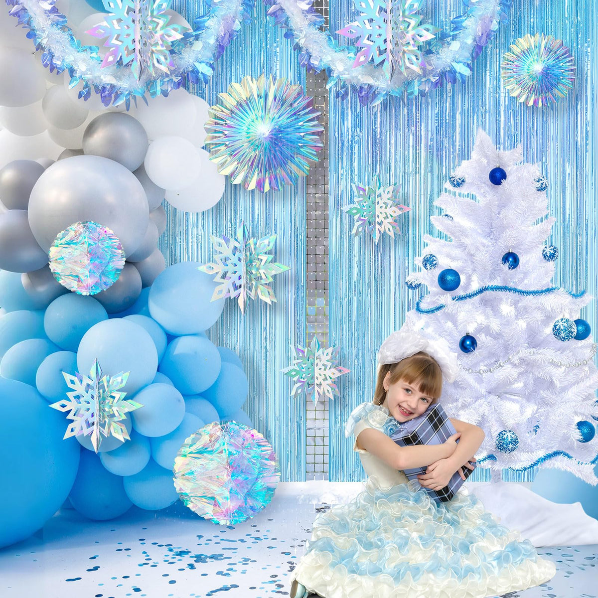 Soulchen 14 Pcs Winter Wonderland Snowflake Party Decorations Baby Shower Party Ornament with 6ft Backdrop Snowflake Hanging Honeycomb Fan and Garland for Baby Its Cold Outside Decor