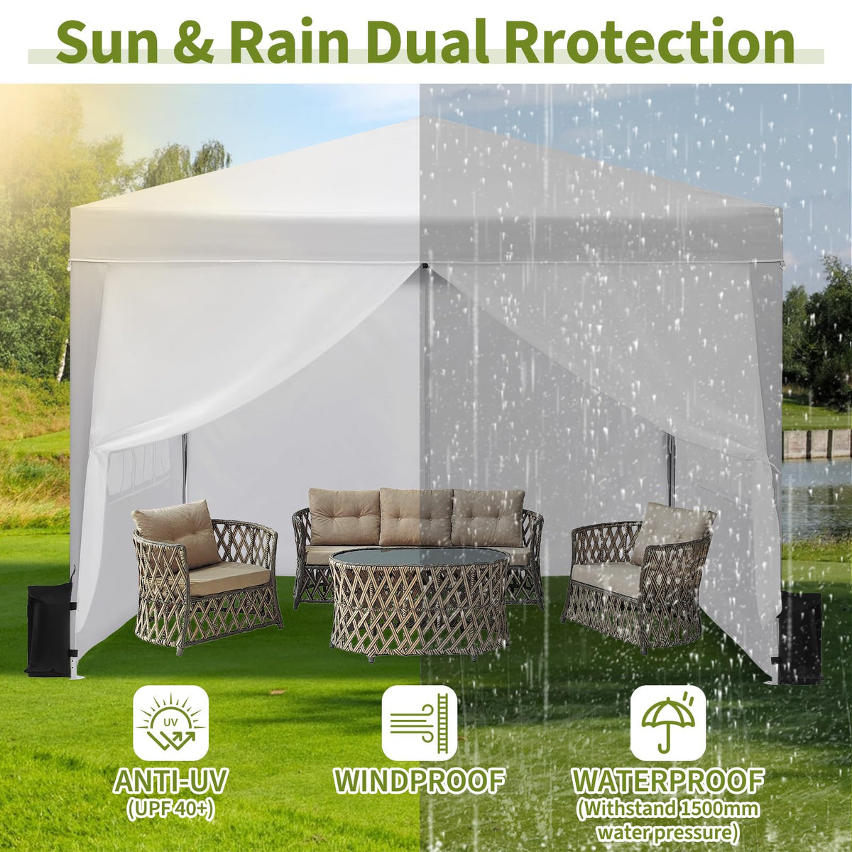 10x10 Pop Up Canopy with 4 Sidewalls, Outdoor Portable Instant Canopy Tent, Waterproof Pop Up Tent, Versatile Gazebo for Camping, Outdoor Parties, Backyard,Beach Activities,White