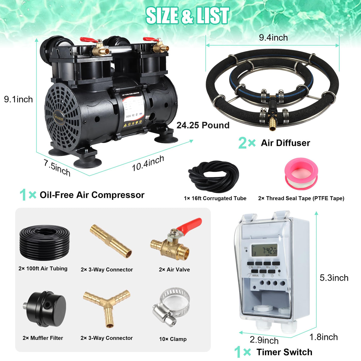 Goldlife A2 Pond Aerator, 7CFM Pond Aeration System for Up to 5 Acre Lake,110V/120V 1HP 750W Compressor & 2 Self-sinking Hoses 100FT & 2 Diffusers & Timer & 16FT Tube, Air Pump for Water Circulation