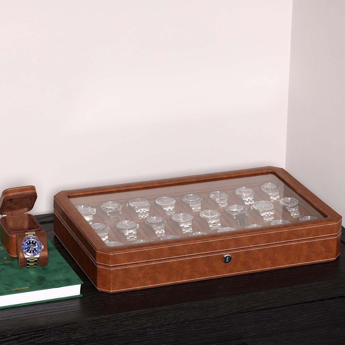 ROTHWELL 24 Slot Watch Case with Lock – Luxury Watch Box to Display and Organize Your Collection | Real Glass Top | Premium Storage for Collectors (Tan/Brown)