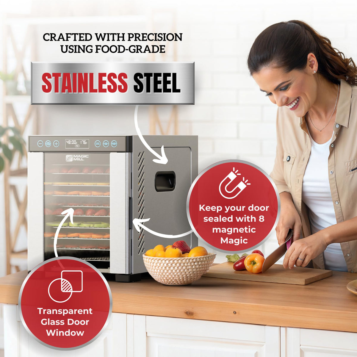 Magic Mill Pro Food Dehydrator Machine | 10 Stainless Steel Trays | Dryer for Jerky, Dog Treats, Herb, Meat, Beef, Fruit | Keep Warm Function, Digital Timer and Temperature Control, ETL Approved