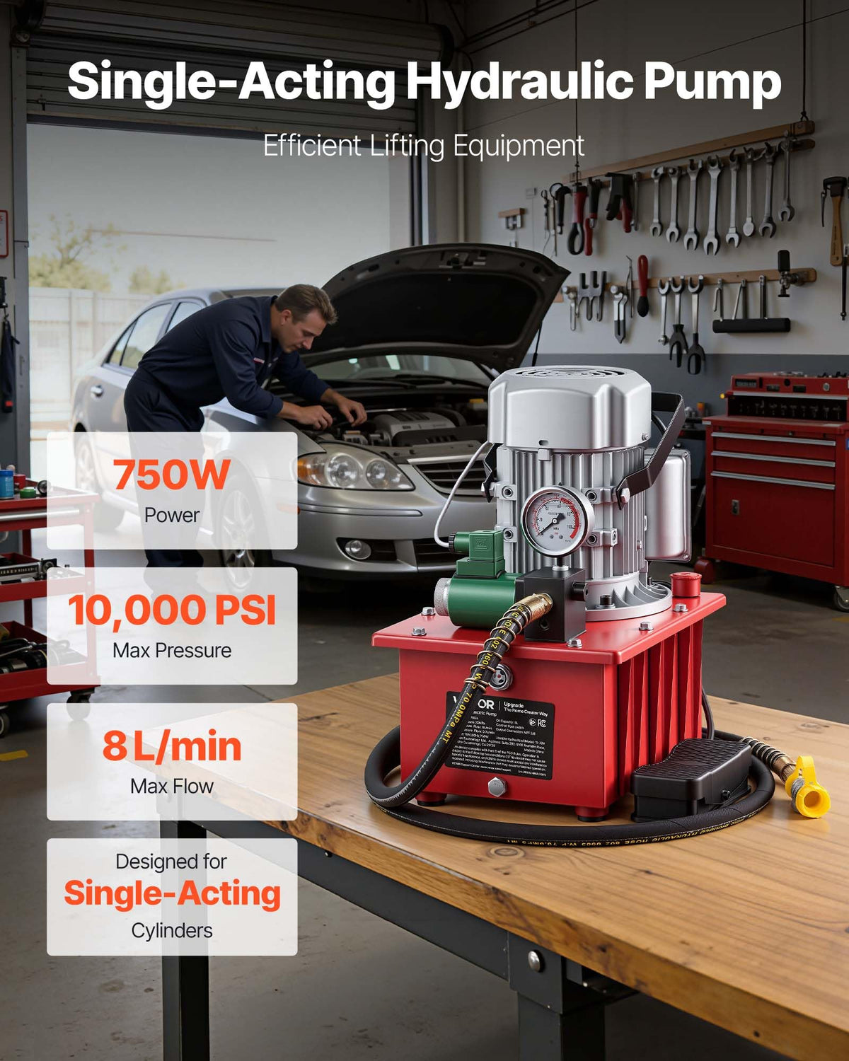 VEVOR Electric Driven Hydraulic Pump, 750W 10,000 PSI, 120V Single Acting Hydraulic Pump Power Pack Unit, Solenoid Valve with Pedal Switch, 2.1 Gal / 8L, for Punching, Bending, Single Acting Cylinders