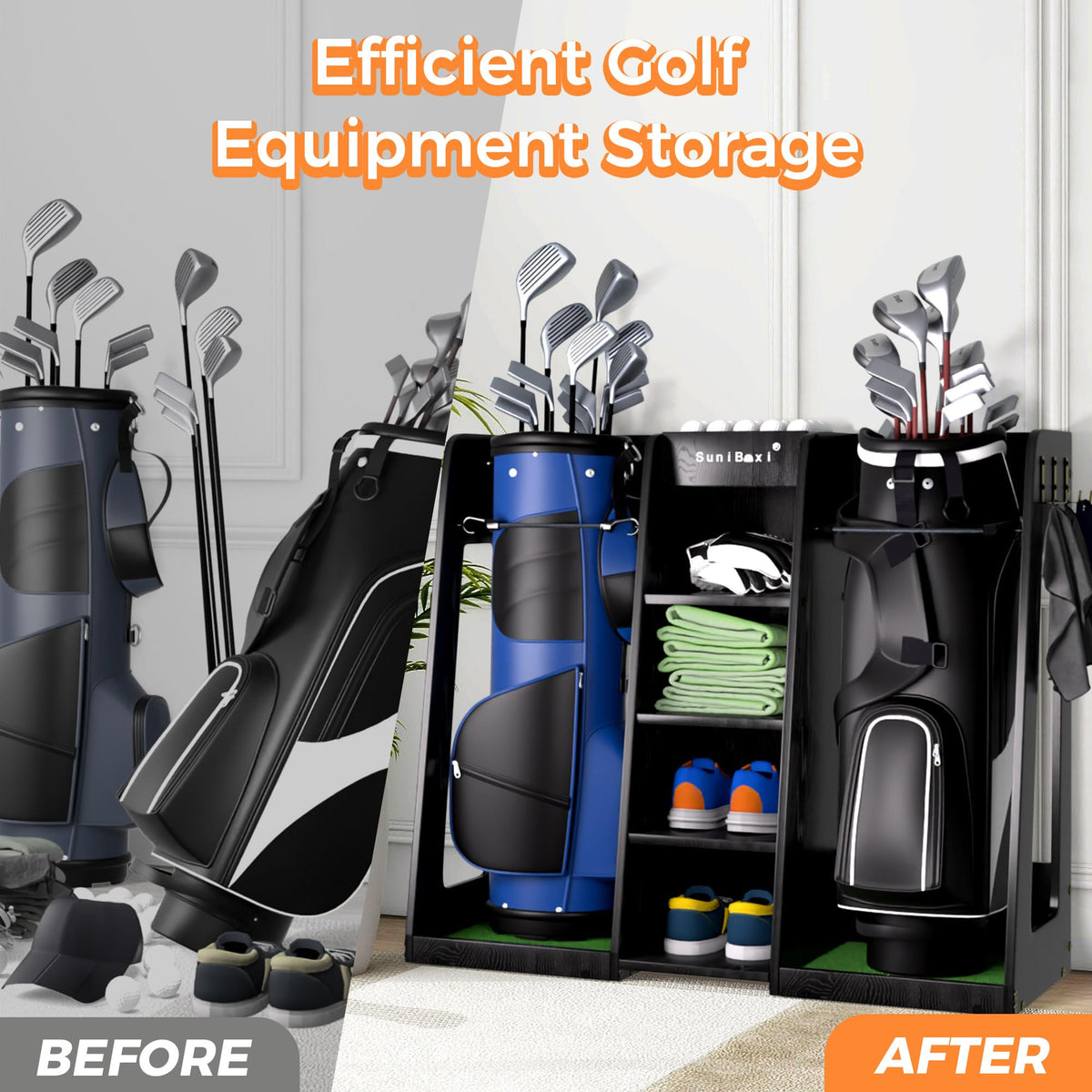 SuniBoxi Wooden Golf Storage Organizer for Garage, Premium Golf Bag Holder Rack for Golfing Accessories, Great Gift for Golfers,Husband, Dad(2 Bags,Dark Black)