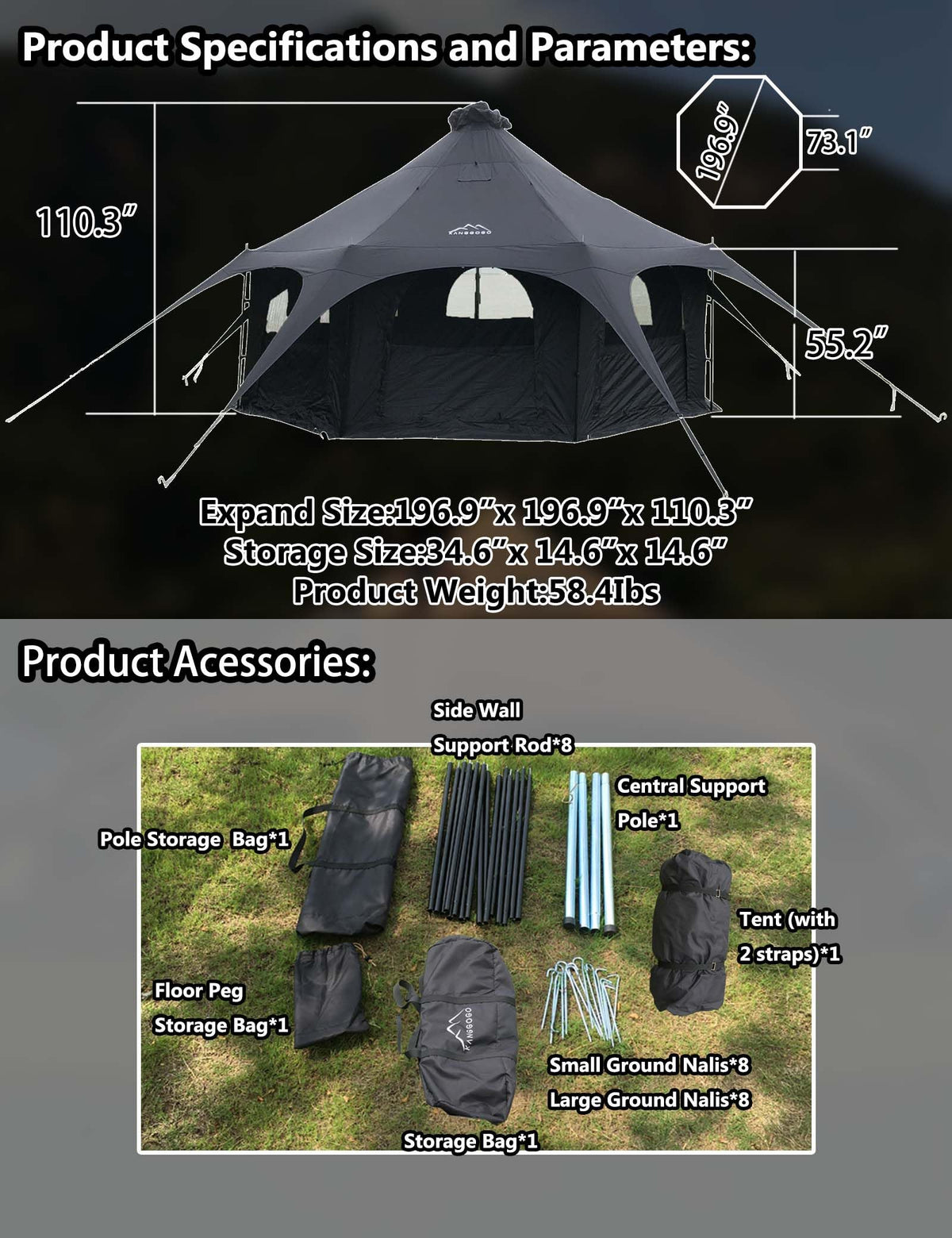 Kanggogo 5M Cotton Canvas Tent Bell - Yurts with Stove Jack，16.4ft*High9.2ft ，Breathable and Windproof,Glamping for 6/8/10Person Family Camping (8-10 People)