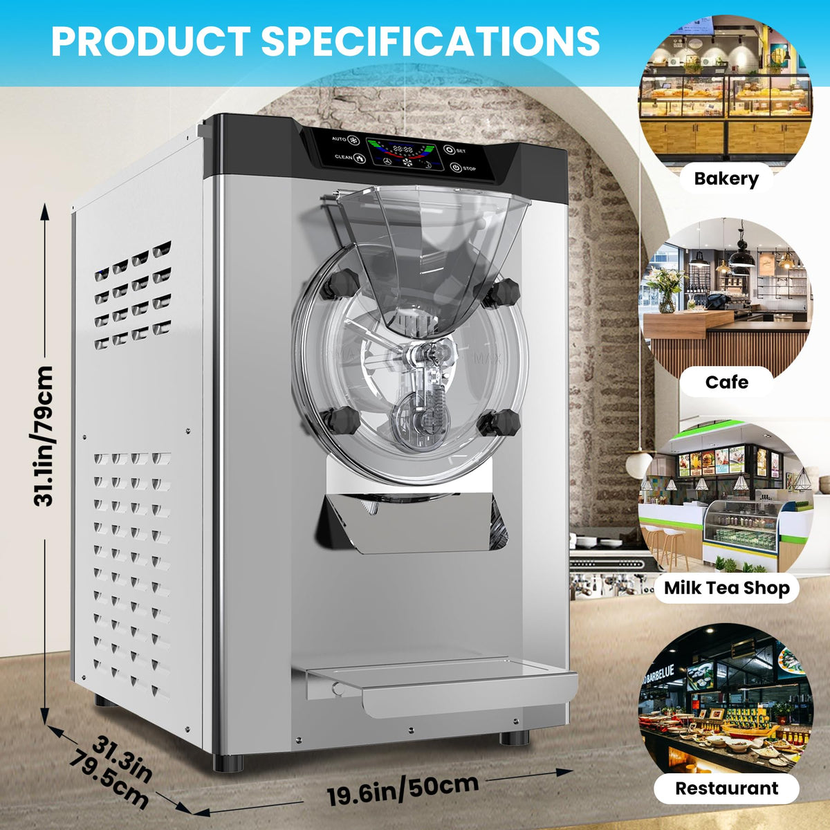 Patikuin 2000W Commercial Ice Cream Maker - Single Flavor Countertop Gelato Machine with LCD Touchscreen - 4.8-6.3 Gal/Hr Output - Automatic Cleaning - High Productivity for Snack Bars & Restaurants