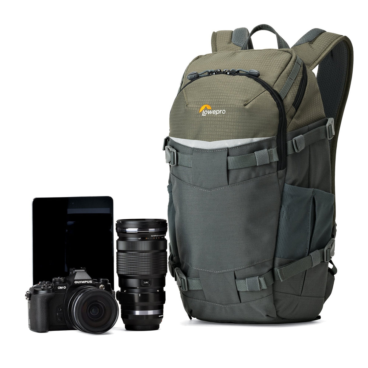Lowepro LP37014-PWW, Flipside Trek BP 250 AW Backpack for Camera with ActiveZone Suspension System, Tablet Compartment, Grey/Dark Green