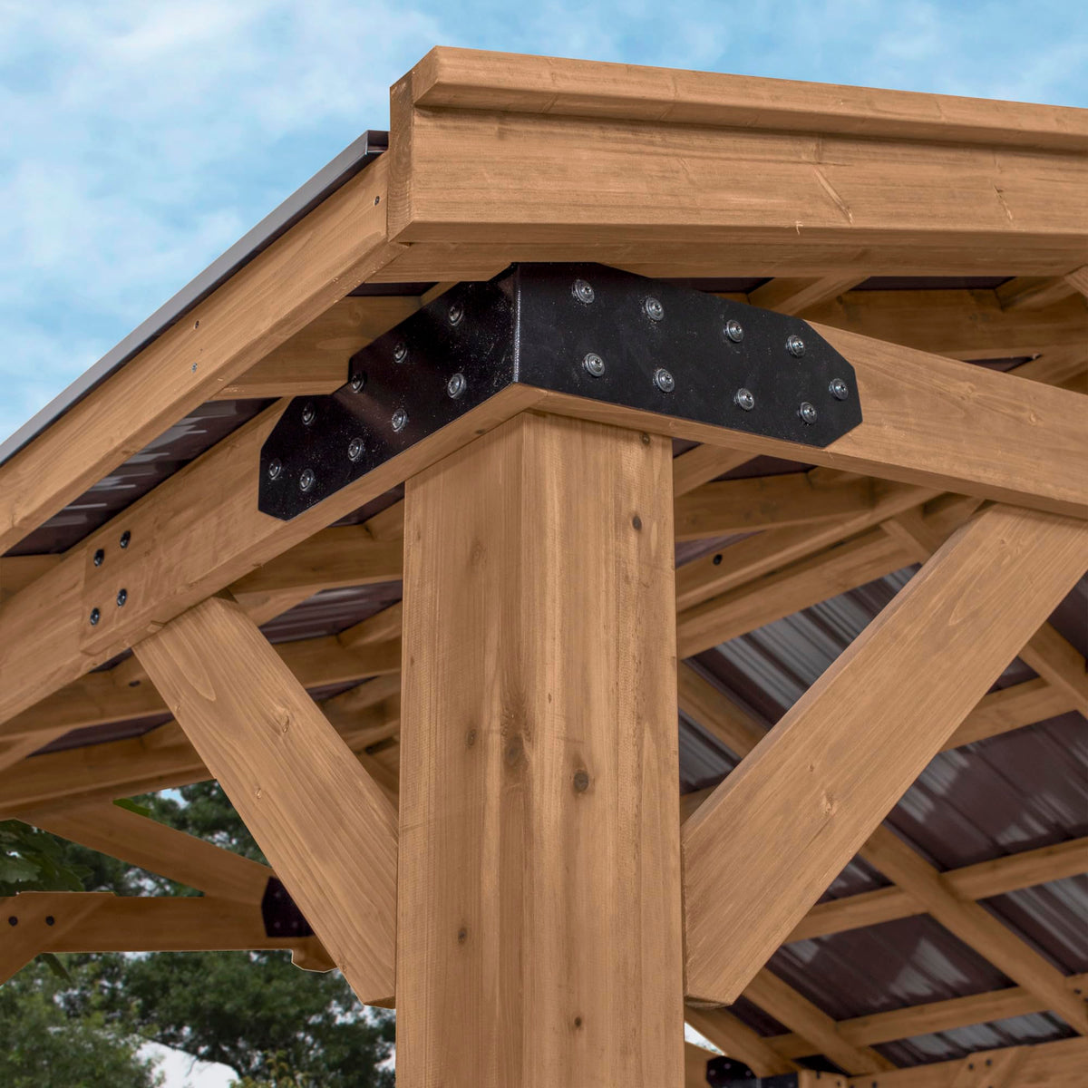 Backyard Discovery Norwood 10' x 10' Cedar Wood Outdoor Gazebo Pavilion with Hardtop Galvanized Steel Peak Roof, Snow Support, Wind Resistance, PowerPort, Shade for Garden, Patio, Deck, Entertaining