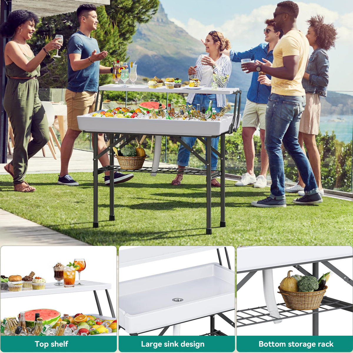YITAHOME Two-Tier Ice Table, 4FT Folding Ice Cooler Table with Drain and Detachable Skirt, Portable Ice Table for Parties, Picnics, Camping, Weddings, BBQs