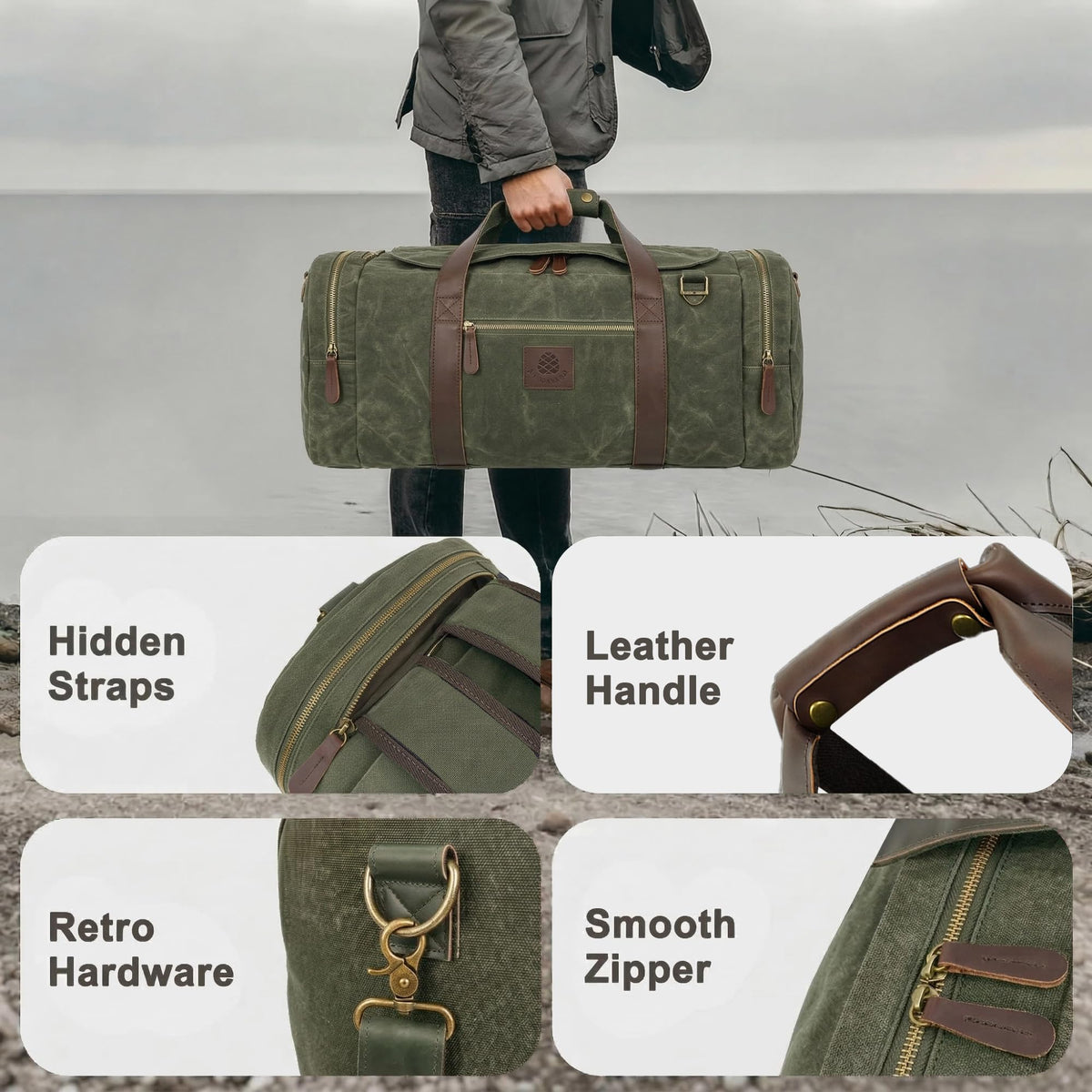 Densata Duffle Bag for Travel, 50L Waxed Canvas Duffle Bag Vintage Travel Bag Overnight Bag with Shoes Compartment Men (Vintage Grey, Large-50L)