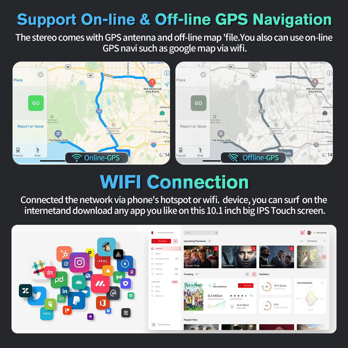 4G+64G Android 13 Car Radio for Jeep Wrangler JK 2007-2018 Dodge Ram 1500 2500 3500,10" Touch Wireless Carplay&Android Auto Support Touchscreen Radio Upgrade with AHD Camera,GPS Navigation,SWC,WiFi