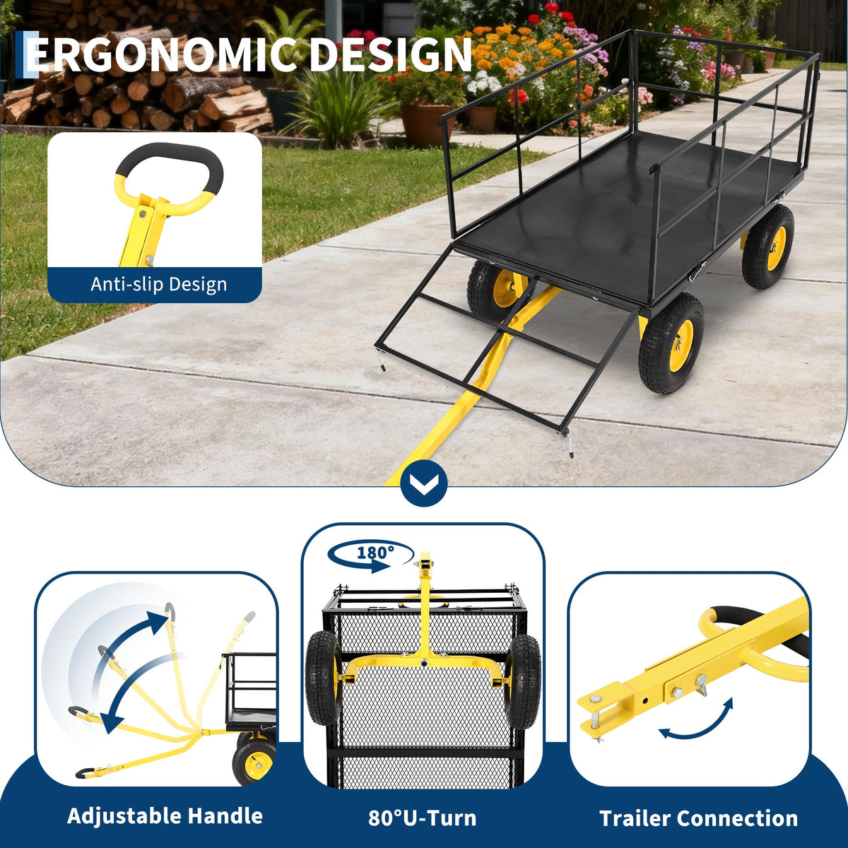 Heavy Duty 1500 Lbs Capacity Mesh Steel Garden Cart Folding Utility Wagon with Removable Sides, Garden Cart on Wheels for Gardening Soil, Tools, and Plant Transport