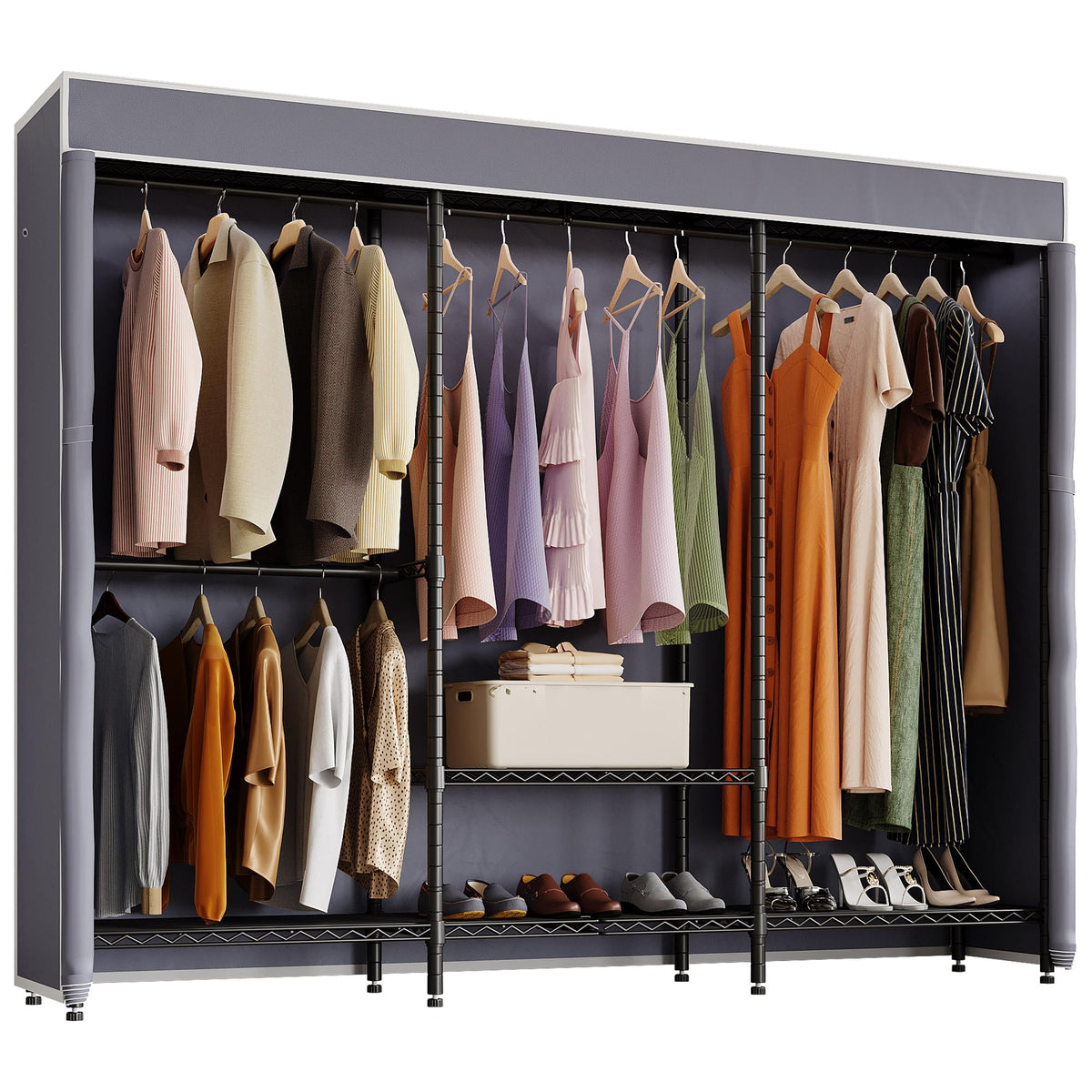 Higeego H8 Heavy Duty Clothes Rack with Cover, Covered Garment Rack with Shelves, Wardrobe Closet with Cover, Portable Closet Organizer Storage, Black Clothing Rack with Grey Cover