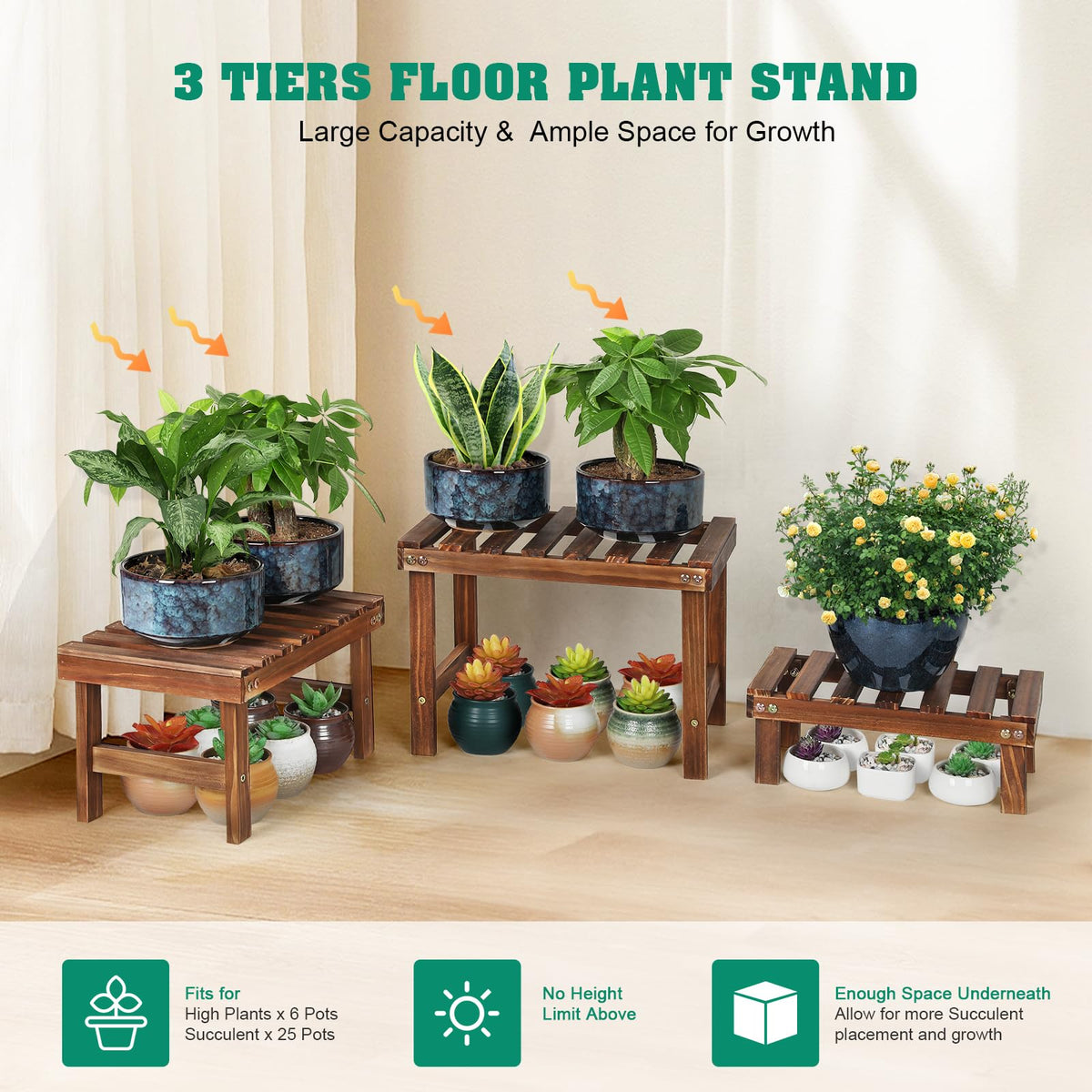 COOGOU 3 Tiered Small Plant Stands Shelf Indoor Outdoor,Wood Flower Pot Stand Holders Rack,Freestanding Corner Ladder Shelves for Plants Succulent Cactus,on Patio,Desktop,Window