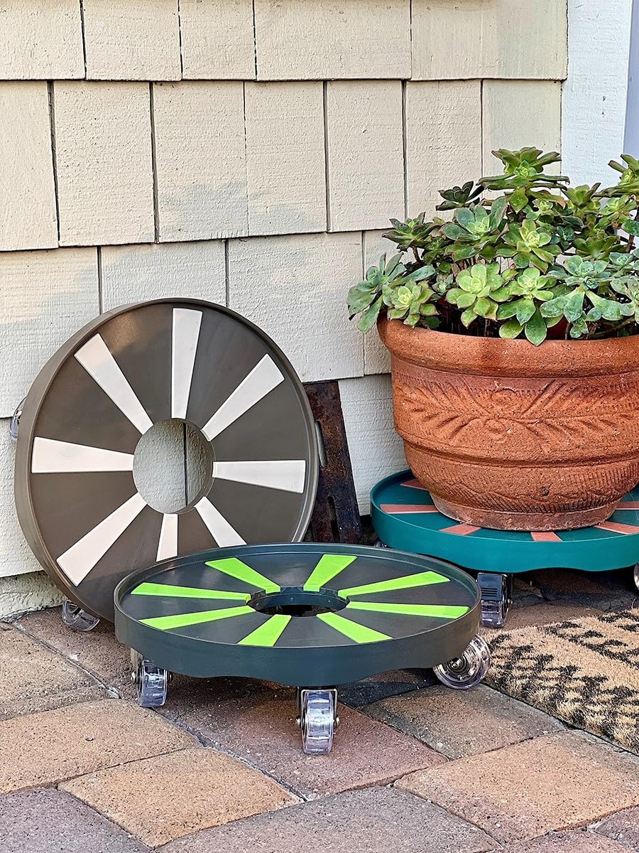 ROLLY GREENS™ Plant Caddy, 12”, Engineering Grade Plastic, Urethane Wheels with Locking Mechanism, 250 lb. Load Capacity, Anti-Skid Surface, for Indoor/Outdoor use. (2, Brown-Ocean)