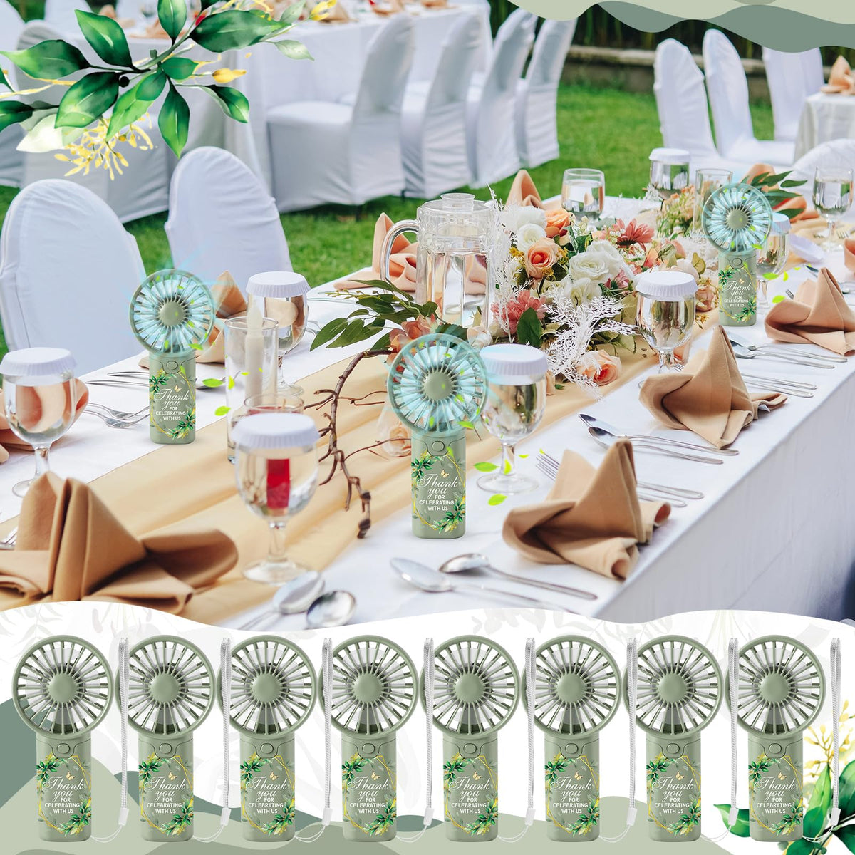 VIHOSE 50 Pcs Mini Wedding Handheld Fan for Guests Bulk Portable Electric Personal Fans with Thank You Print for Guest Summer Outdoor Bridal Shower, Battery Not Include(Boho Floral,Sage Green)