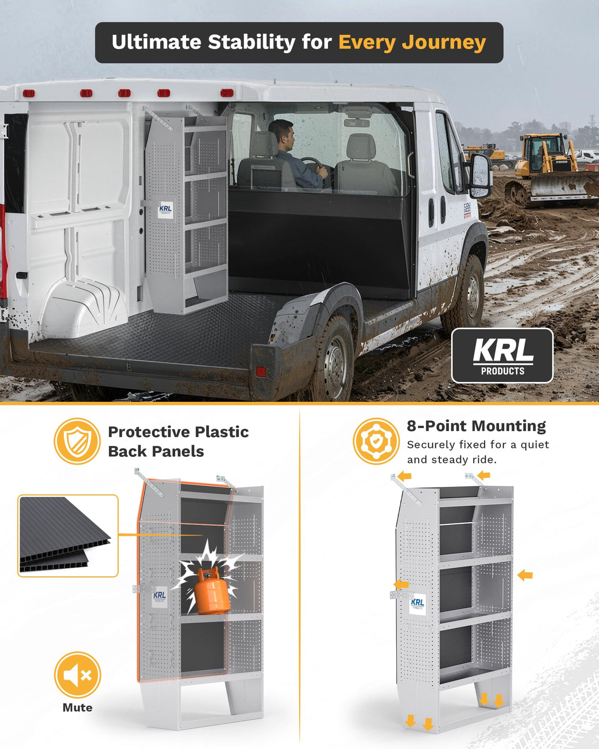 KRL PRODUCTS SV-3260 Steel Mid/High Roof Van Shelving Storage System Fits Transit, NV, Promaster and Sprinter, Van Shelving Units, 32''W * 60''H * 13''D