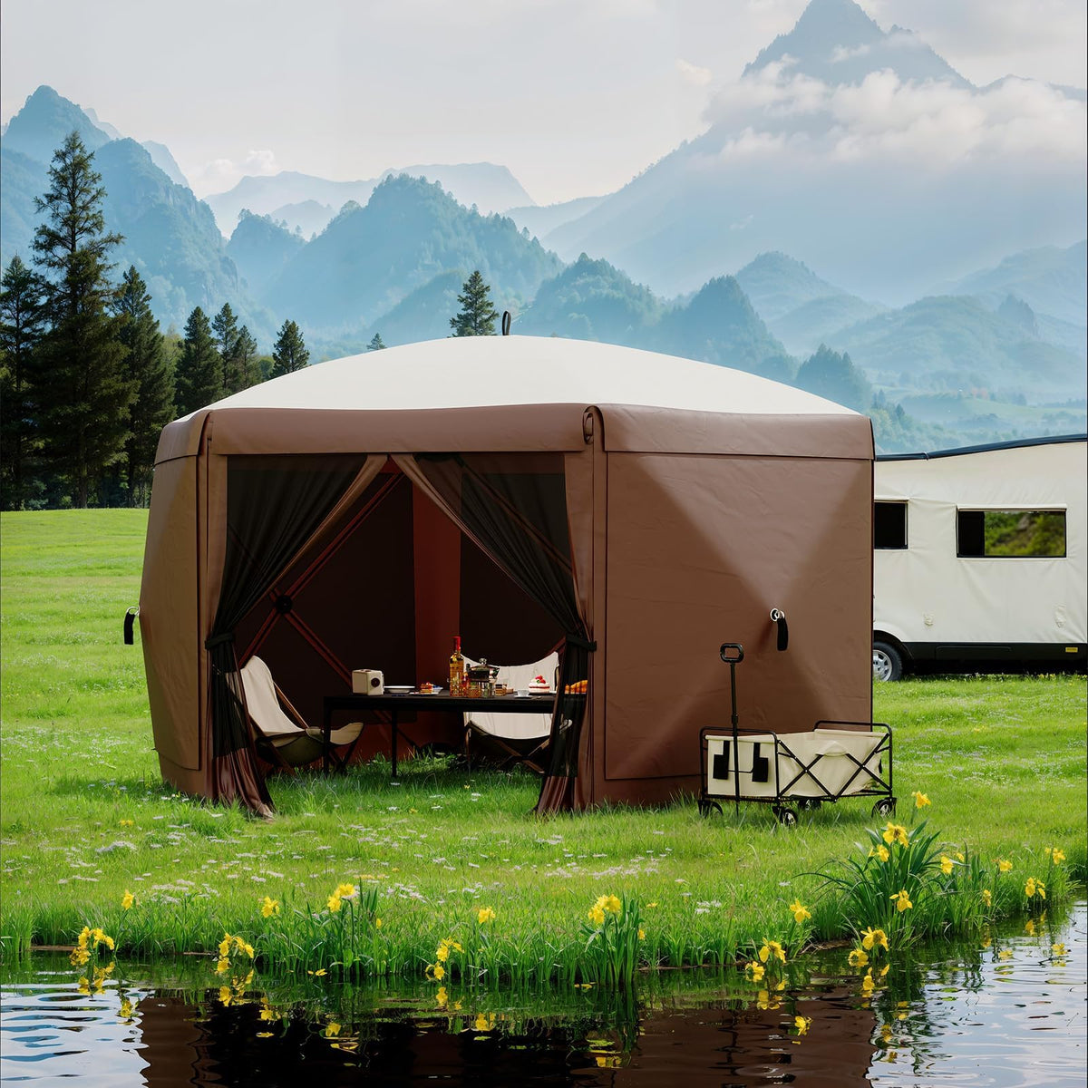 11.5x11.5FT Pop Up Canopy Tent, One-Push Setup Patio Gazebo with Removable Top & Wind Cloths, 6-Sided Outdoor Shelter for Camping, Backyard Parties, Events