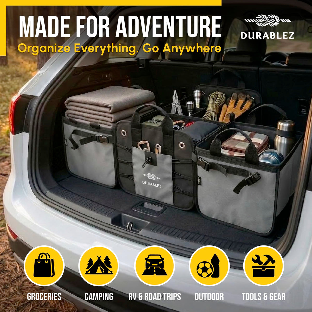 DURABLEZ Modular 5-Section Trunk Organizer XL – Car Storage for Groceries, Tools, Sports Gear, Emergency Kits – Extra Large Multi-Module Cargo Box, Foldable, Detachable, Heavy Duty Design – Gray