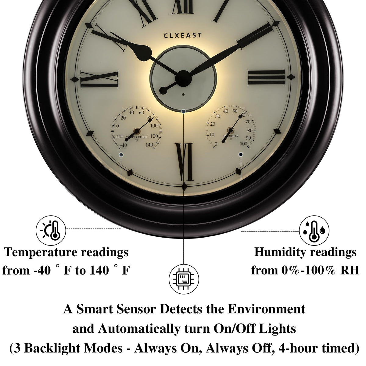 CLXEAST Illuminated Outdoor Indoor Metal Clocks Waterproof 24 inch, Oil Rubbed Bronze Black,Oversized Large Outdoor Roman Numeral Wall Clock with Thermometer & Hygrometer