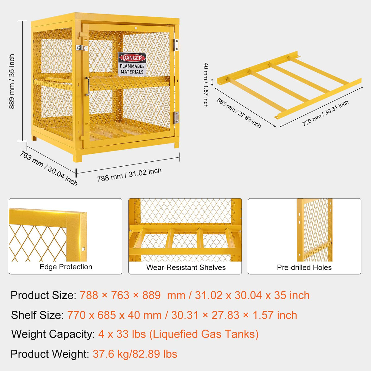 VEVOR Horizontal Cylinder Storage Cabinet, 4 x 33 lbs Cylinder Capacity, 31.02x30.04x35 inch Propane Storage Cage, Gas Cylinder Cabinet, Yellow Powder Coat Finish, for Freon, Gases, Oxygen, Nitrogen