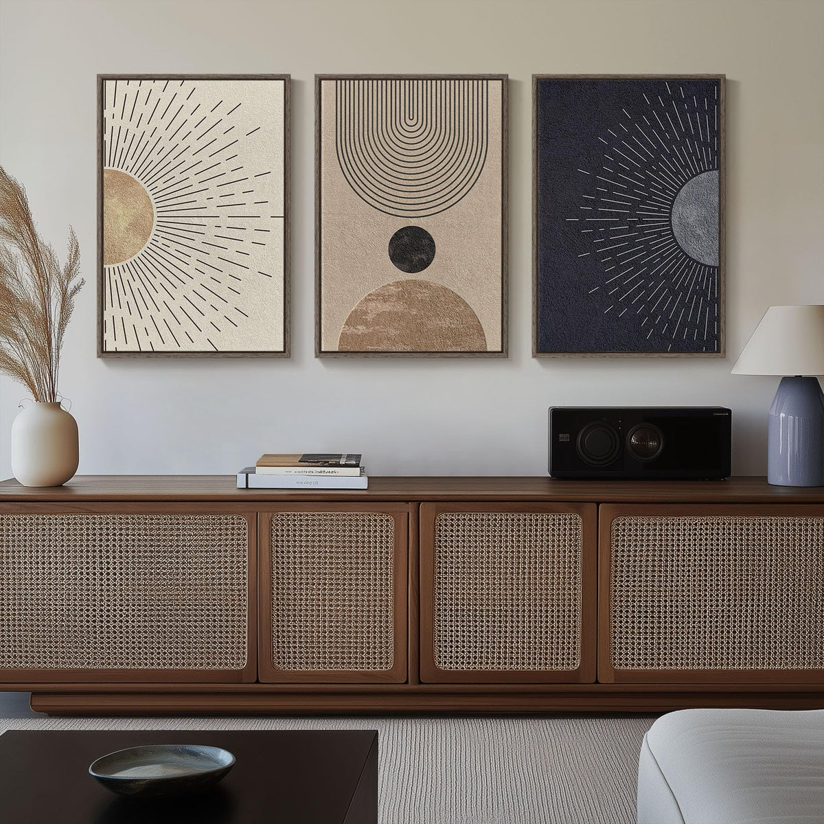 Framed Large Boho Neutral Abstract Wall Art for Living Room, Black Beige Sun and Moon Paintings Prints for Hallway Office, Set of 3 Piece Modern Minimalist Canvas Artwork Pictures 24x36 Inch