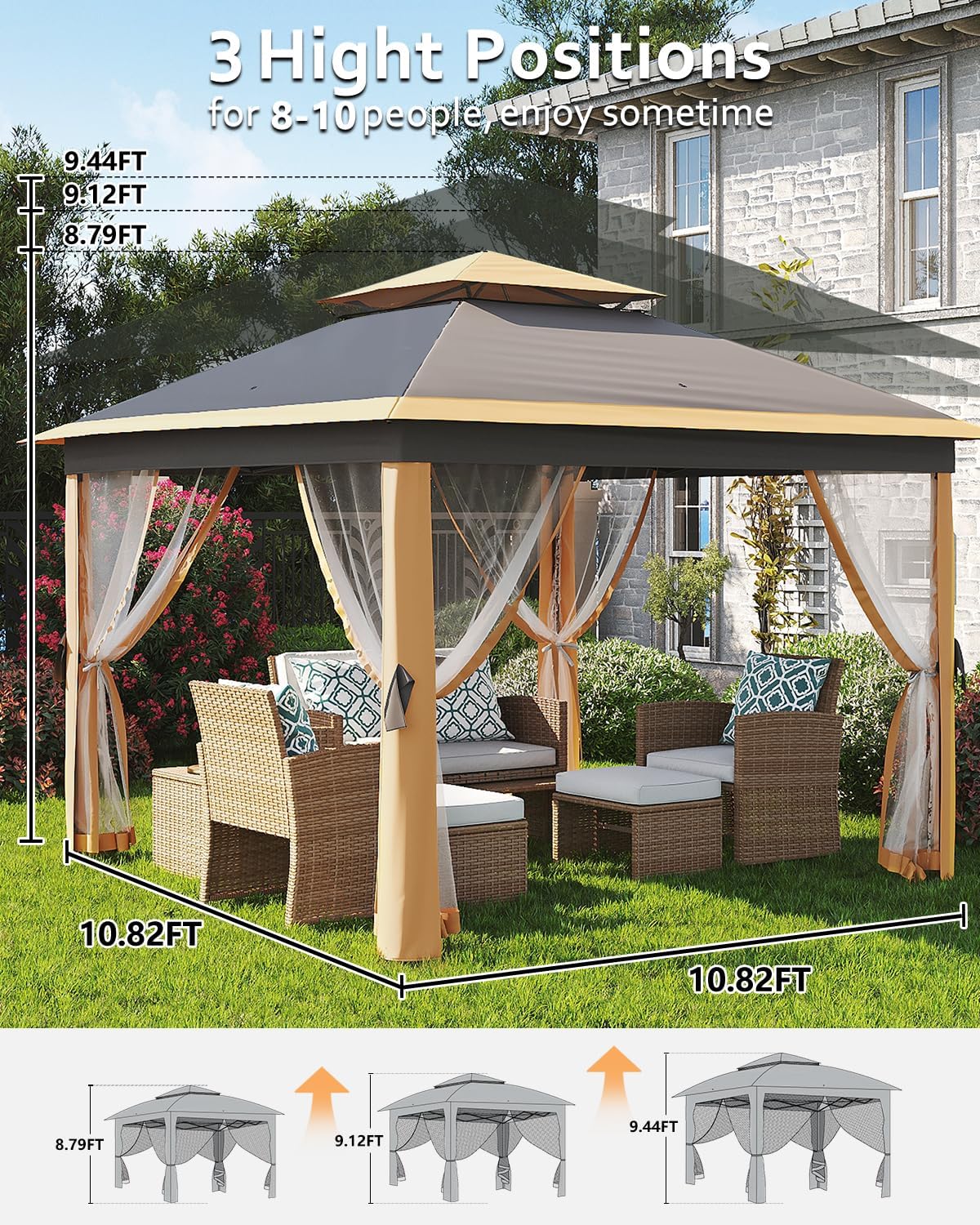 11x11 Pop-Up Gazebo, Instant Outdoor Canopy Tent with Netting, Durable Steel Frame, Water-Resistant Outdoor Gazebo for Patio, Garden, Courtyard, Party, Light Khaki+Dark Khaki