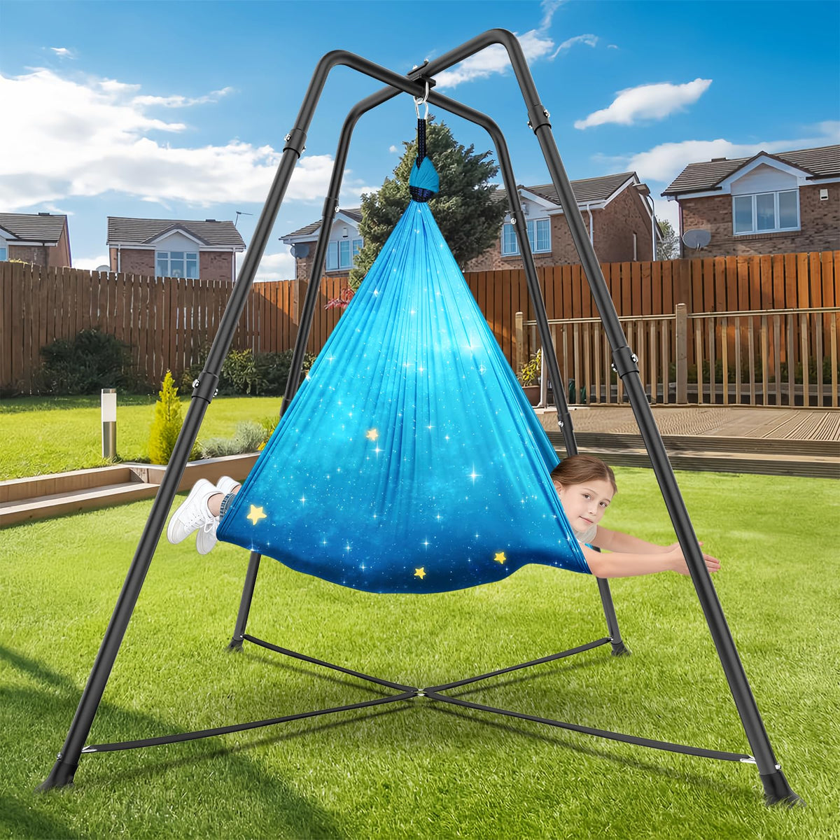 Swing Stand Frame with Sensory Swing Pod Chair, X-Shaped Swing Set, Metal Hammock Chair Stand for Adults Indoor and Outdoor 330LBS (Patterned-Star Blue)