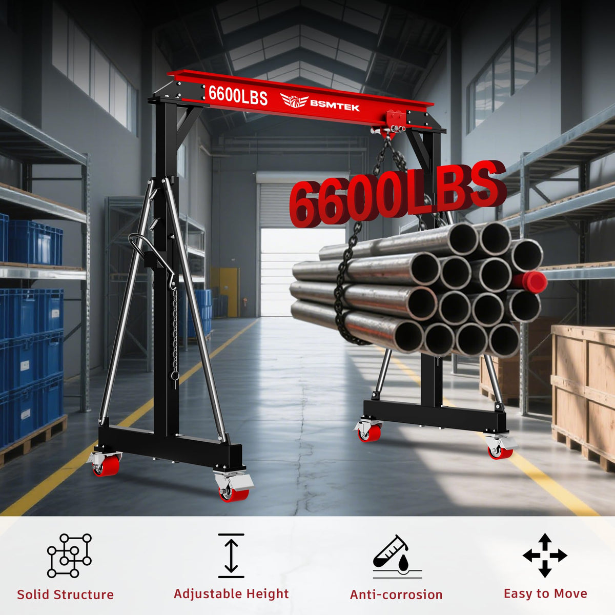 BSMTEK 3 Ton Gantry Crane MAX6600lbs, Adjustable Height (8.53-12.47 FT), Width (9.06 FT, Available 8.53FT), Steel I-Beam Construction, Portable Shop Hoist for Factories, Warehouses