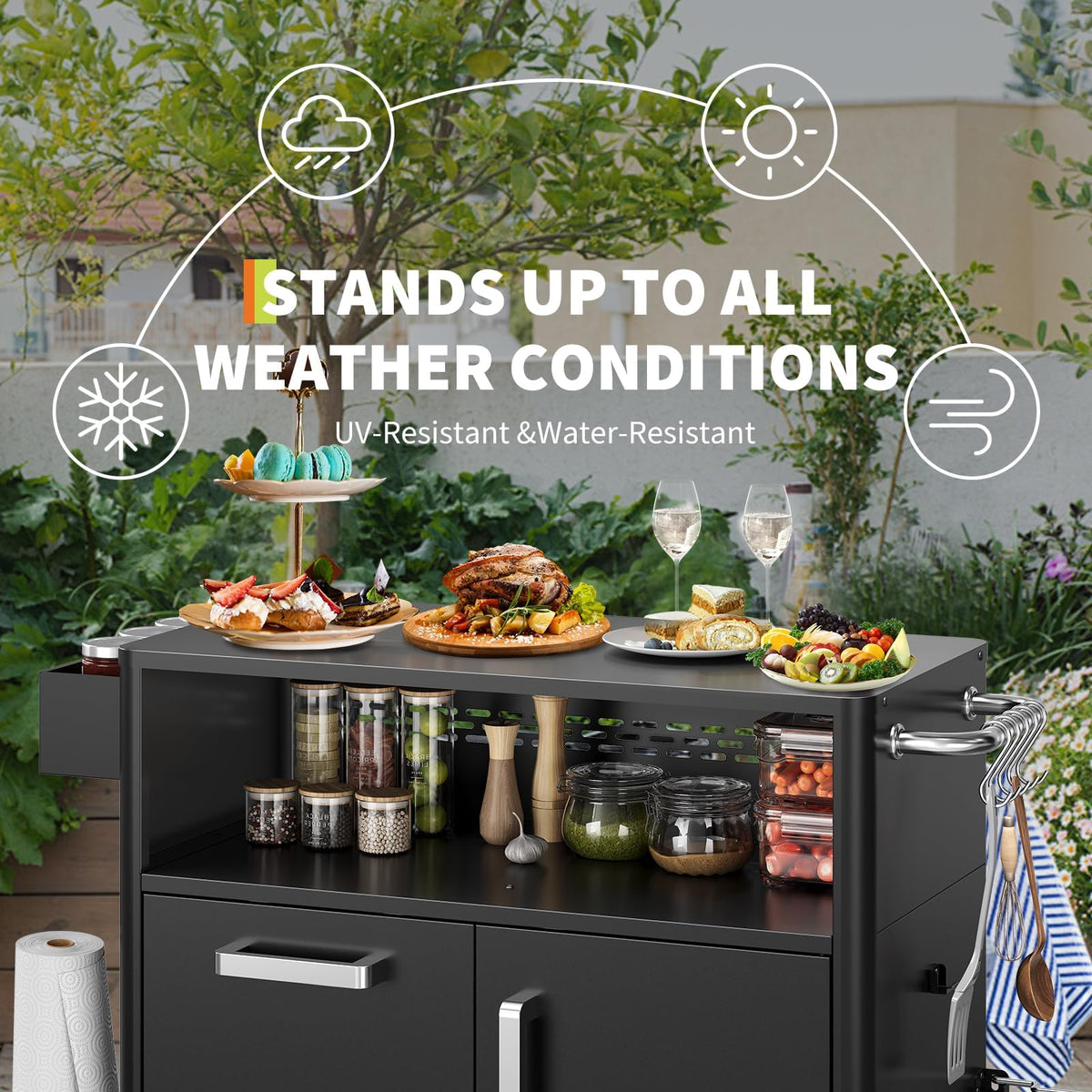 Heavy Duty Outdoor Grill Cart with Stainless Steel Prep Table, Lockable Wheels, Spacious Storage Cabinet, and Island Table Design for Patio or Kitchen Use