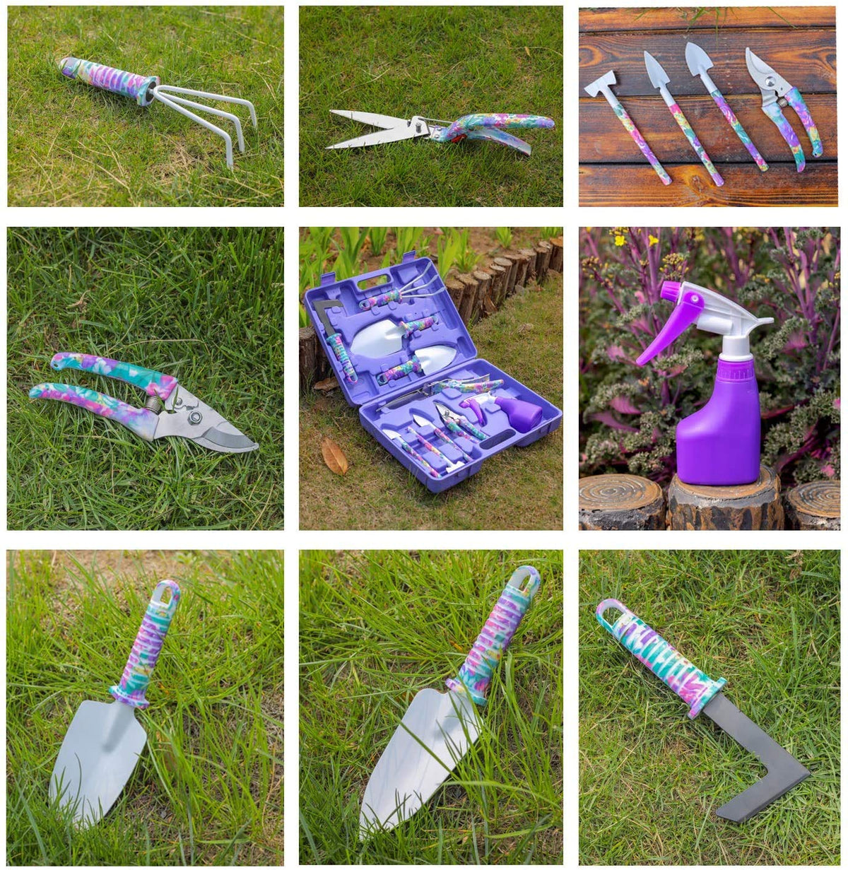 Gardening Tools, LEKEONE 10 Pieces Garden Tools with Floral Print, Ergonomic Handle Trowel Rake Weeder Pruner Shears Sprayer,Gardening Supplies with Carrying Case Gifts for Women
