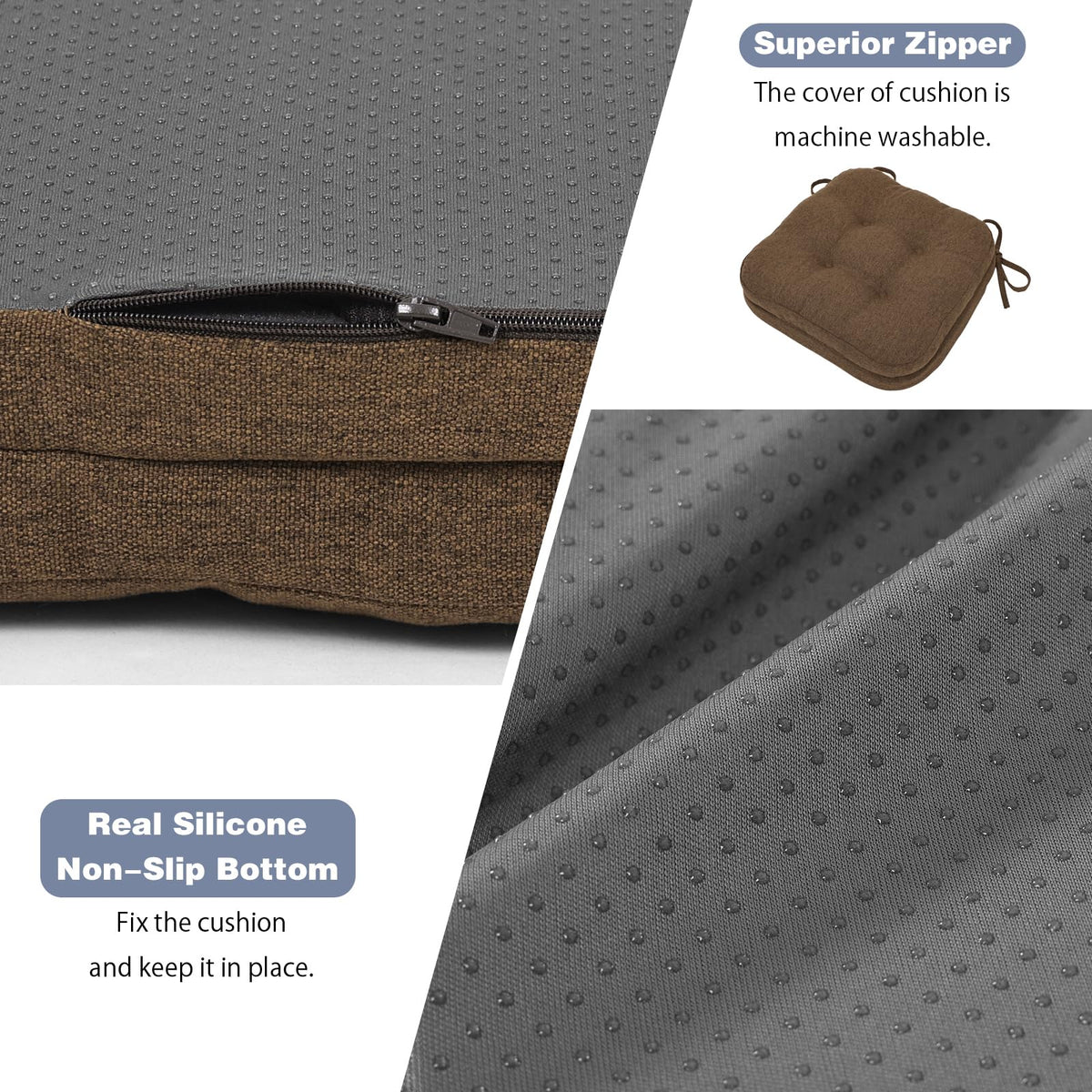baibu Dining Chair Cushions, Dual-Layer Patent Design Memory Foam Kitchen Chair Cushions, Non-Slip Seat Pads with Ties, 16.5 x 16.5 x 3.5in, 1 Pack, Dark Brown
