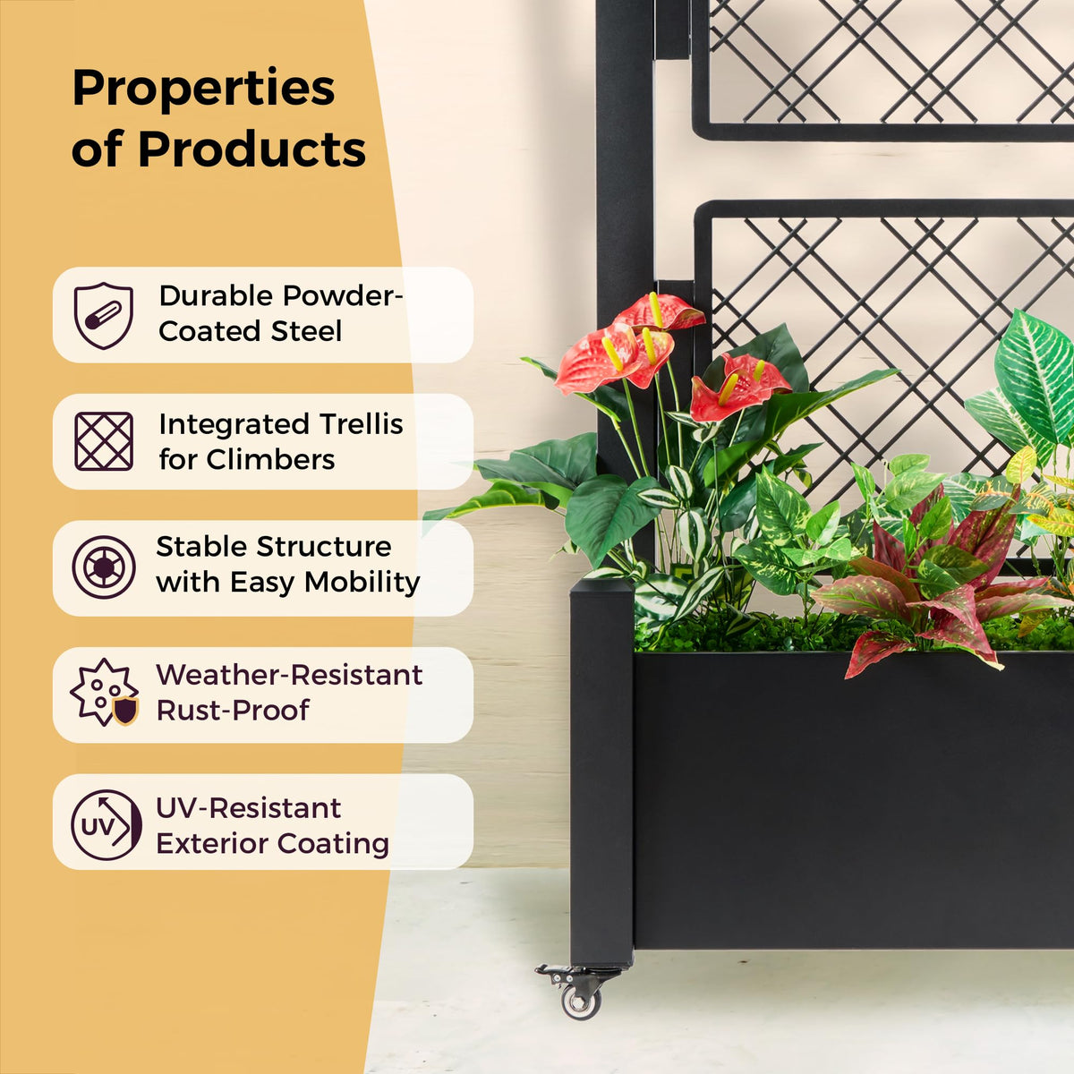 Foresland Tall Metal Planter Box with Trellis and Wheels, 72Hx46Wx16D Large Outdoor Garden Planter, 10min's Quick Setup for Climbing Plants Vines with Drainage Holes and Privacy Screen, Black