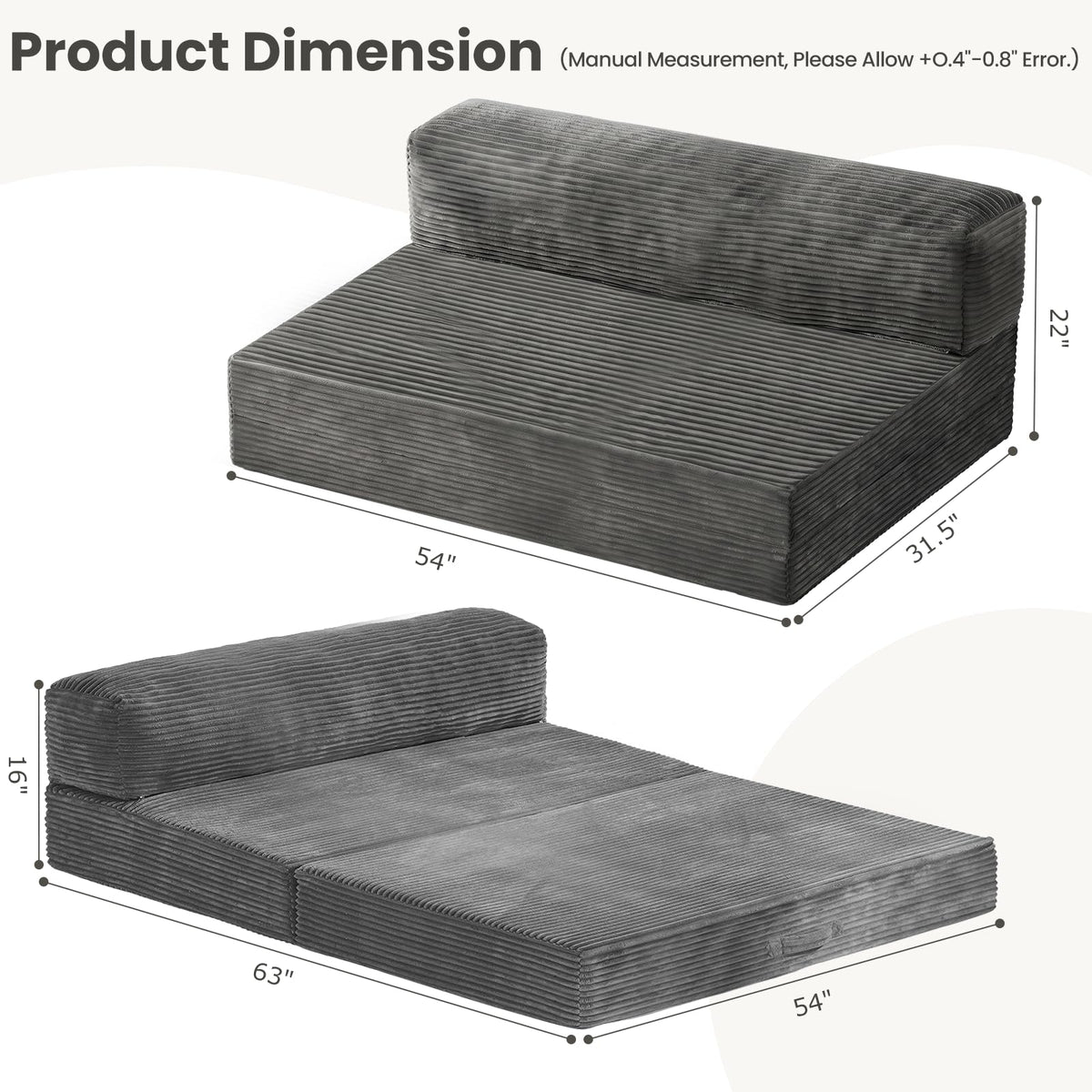 Winzoo 4-in-1 Folding Sofa Bed – Memory Foam Convertible Sleeper Chair with Pillow, No Assembly Required for Apartment, Guest Room, Camping
