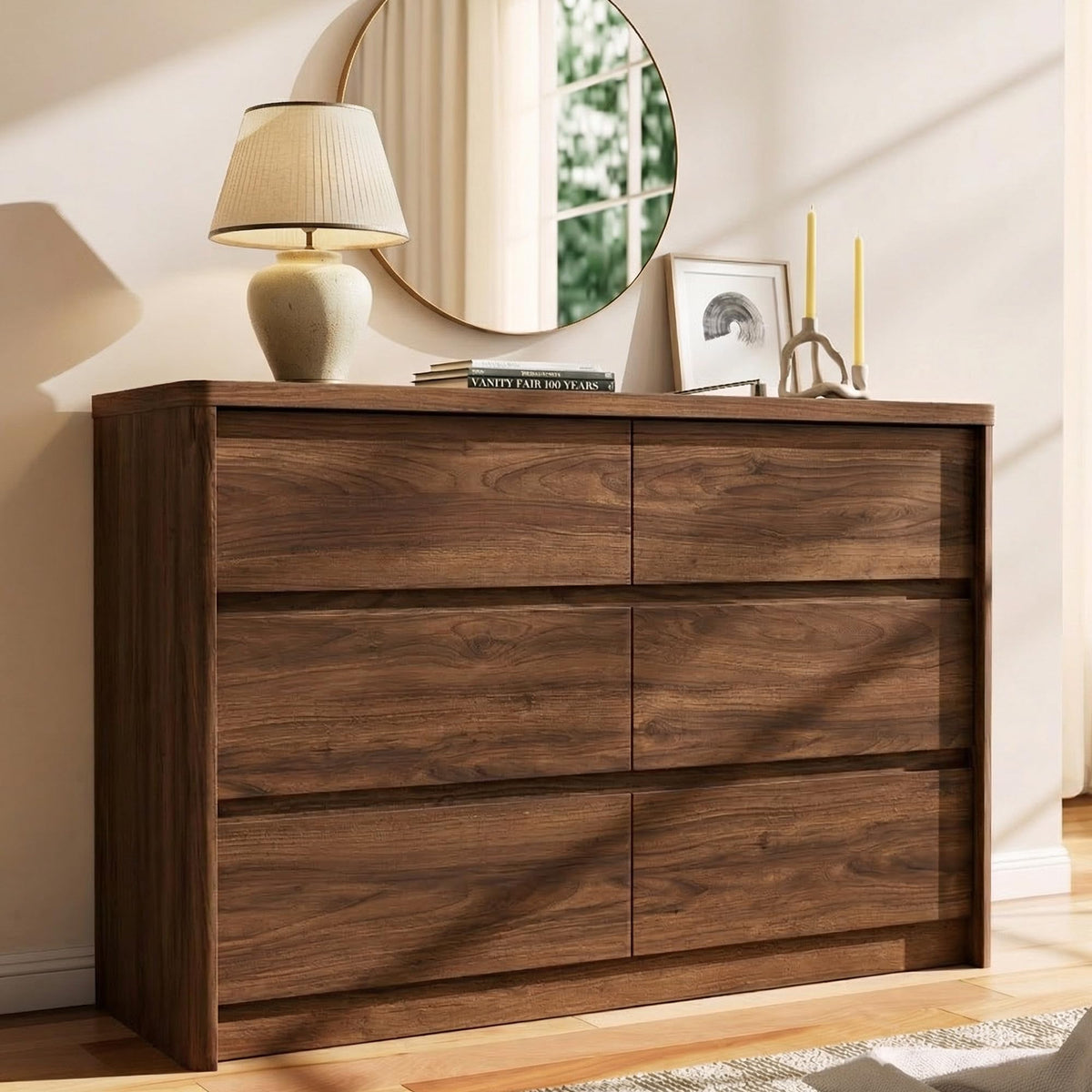 Now Mais 6 Drawer Walnut Dresser for Bedroom, 47.2" Wide Modern Chest of Drawers with 6 Large Storage Space with Curved Edge Design, Large Dresser for Bedroom,Walnut