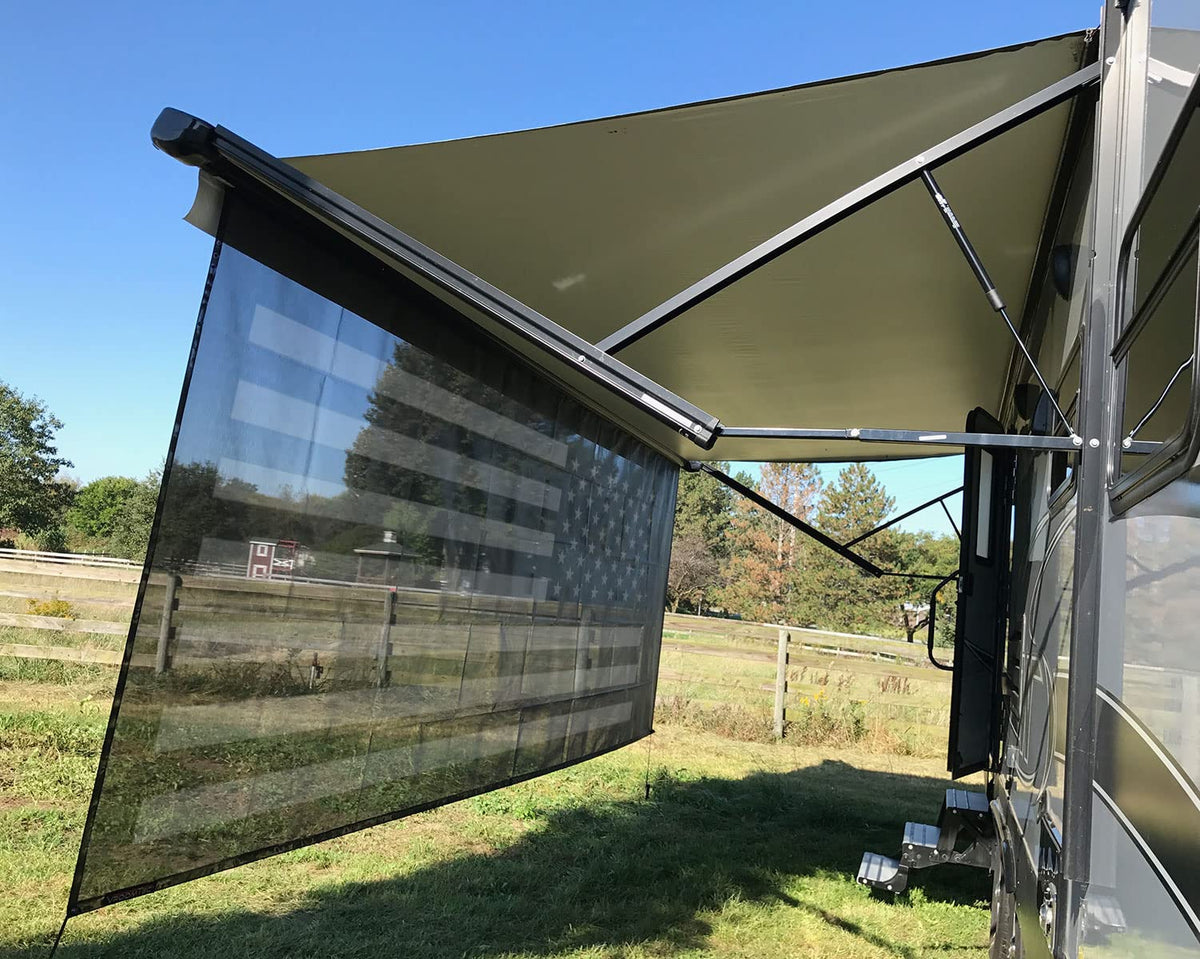 Tentproinc RV Awning Sun Shade Screen 8' X 16' 3'' (American Flag) Black Mesh Sunshade Camper Trailer Awning Shade Screen UV Blocker Completed Kits