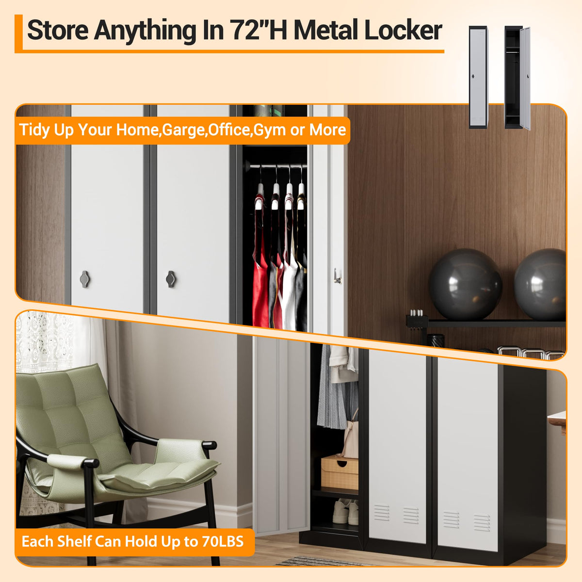 Metal Storage Locker, Single-Door Metal Storage Locker with Shelves, Ideal for Employees and Students, Suitable for Schools, Offices, Gyms, Homes, and More; Easy Assembly, Grey & Black