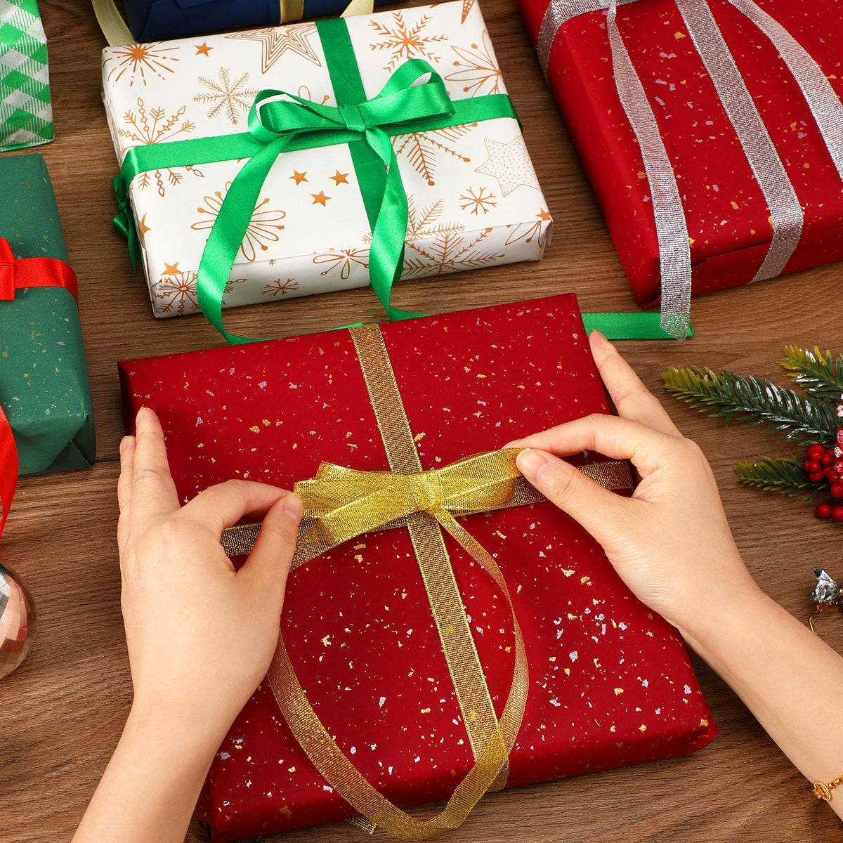 DECYOOL 4 Rolls 100 Yards Christmas Ribbons Metallic Glitter Fabric Holiday Festival Satin Ribbons 10mm Wide for Gift Wrapping Decoration