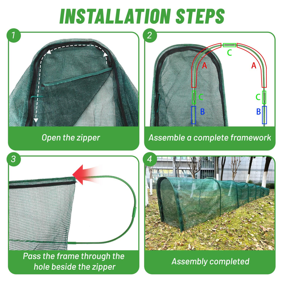 Chicken Runs for Yard,79" & 157" Extra Long Foldable Chicken Tunnels for Outside,All-in-One Kit with Sun Protection Net, Removable Door, Frame & Tools (Green, 315 * 21 * 32 inches)