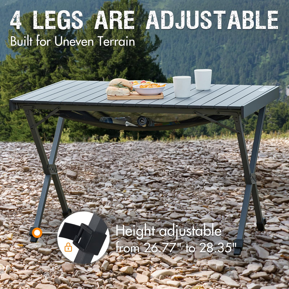 PORTAL Folding Outdoor Camping Table with Adjustable Height, Aluminum Roll-Up Top and Carry Bag, Big Large Portable Tables for Picnic, BBQ and Tailgating, Dark Gray