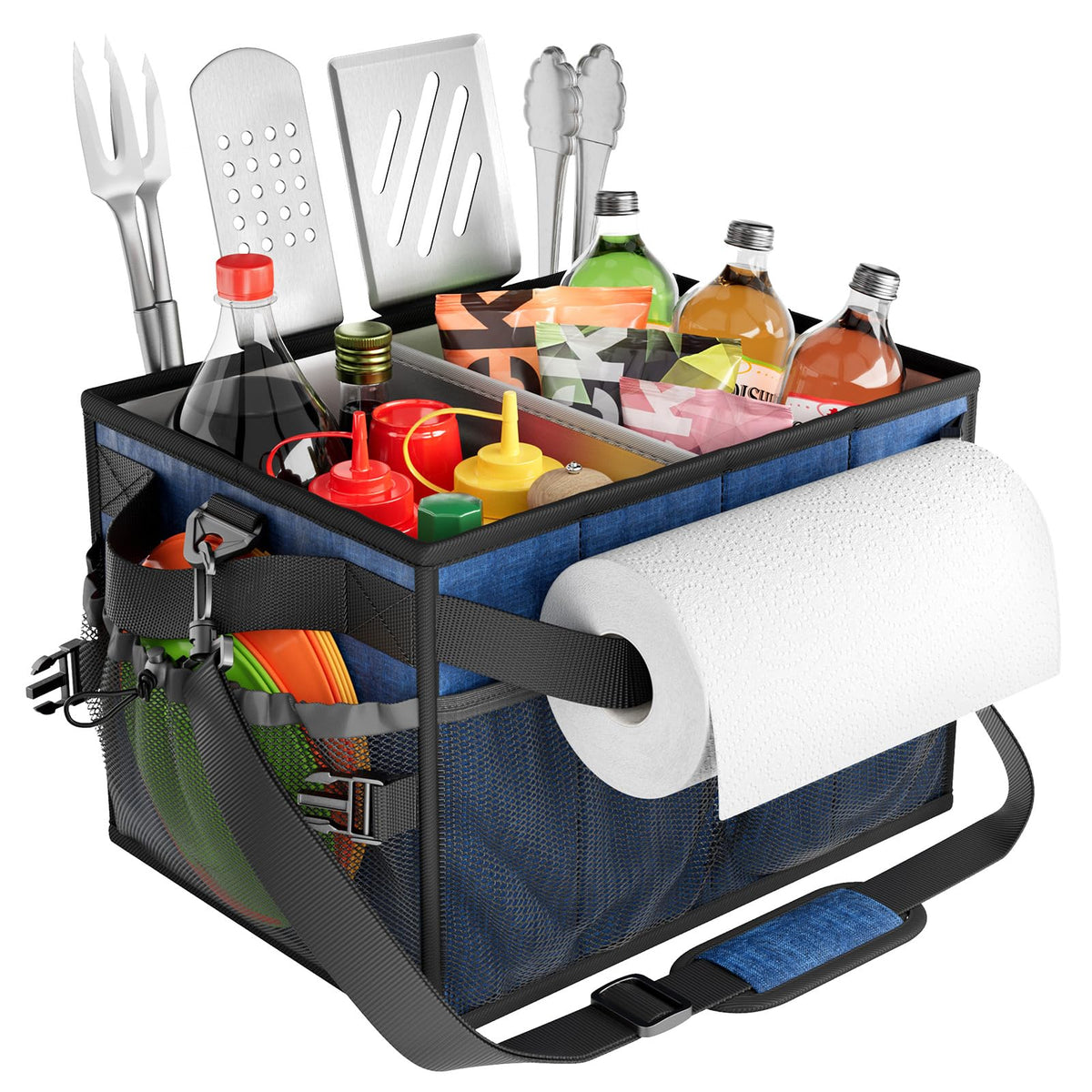 FANGSUN Large Grill and Picnic Caddy with Paper Towel Holder, BBQ Organizer for Utensils, Plates, Condiments, Collapsible & Easy-Carry Griddle Caddy, Must-Haves for Outdoor, Camper, Travel, Car, RV