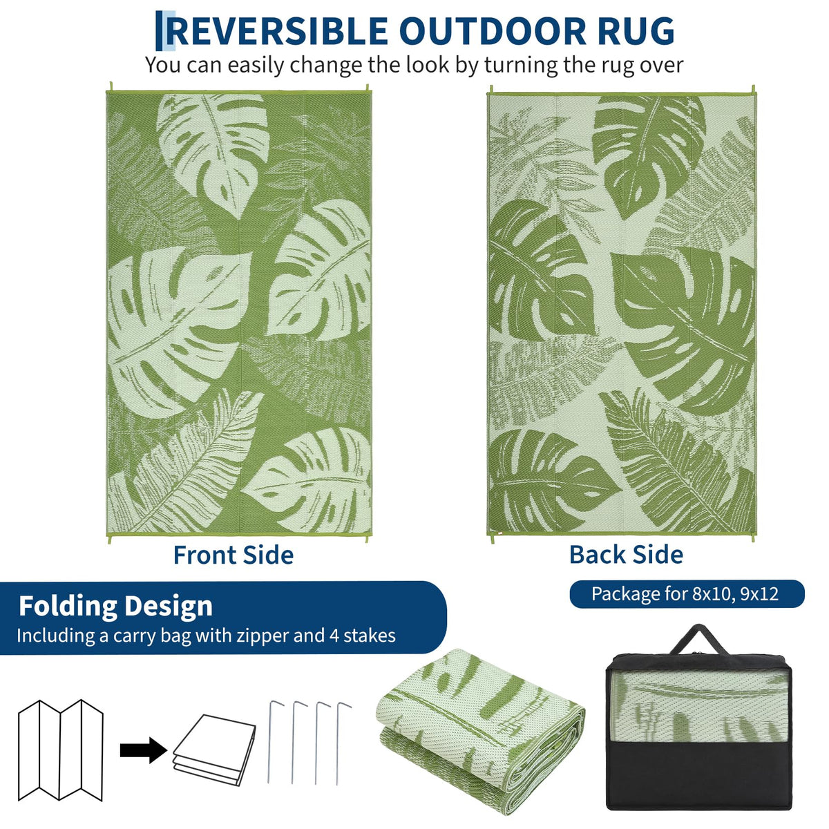 Garvee 9x18 Outdoor Rug Waterproof Reversible Mat Leaf Tropical Patio Rug with 4 Stakes and Starage Bag Portable Outdoor Straw Plastic Area Rug for Camping Porch Deck Rv Balcony Backyard Beach, Sage