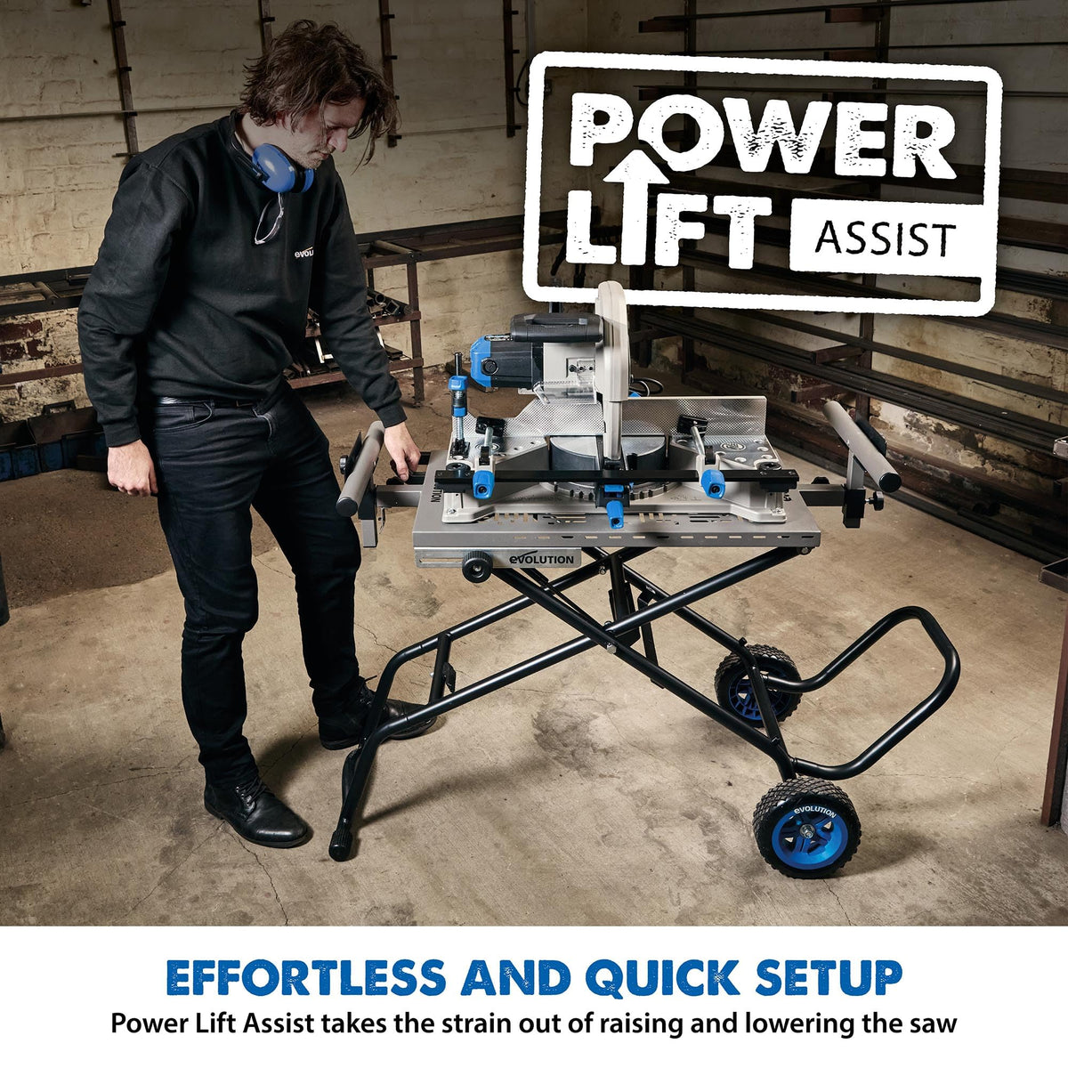 EVOLUTION MCSSTAND | Mitering Chop Saw Stand with Powerlift Assist | Heavy-Duty Steel Frame | All-Terrain Wheels | Compatible S14MCS, S355MCS, S355CPSL, S14CPS, S15CPS | Gas-Strut Lift