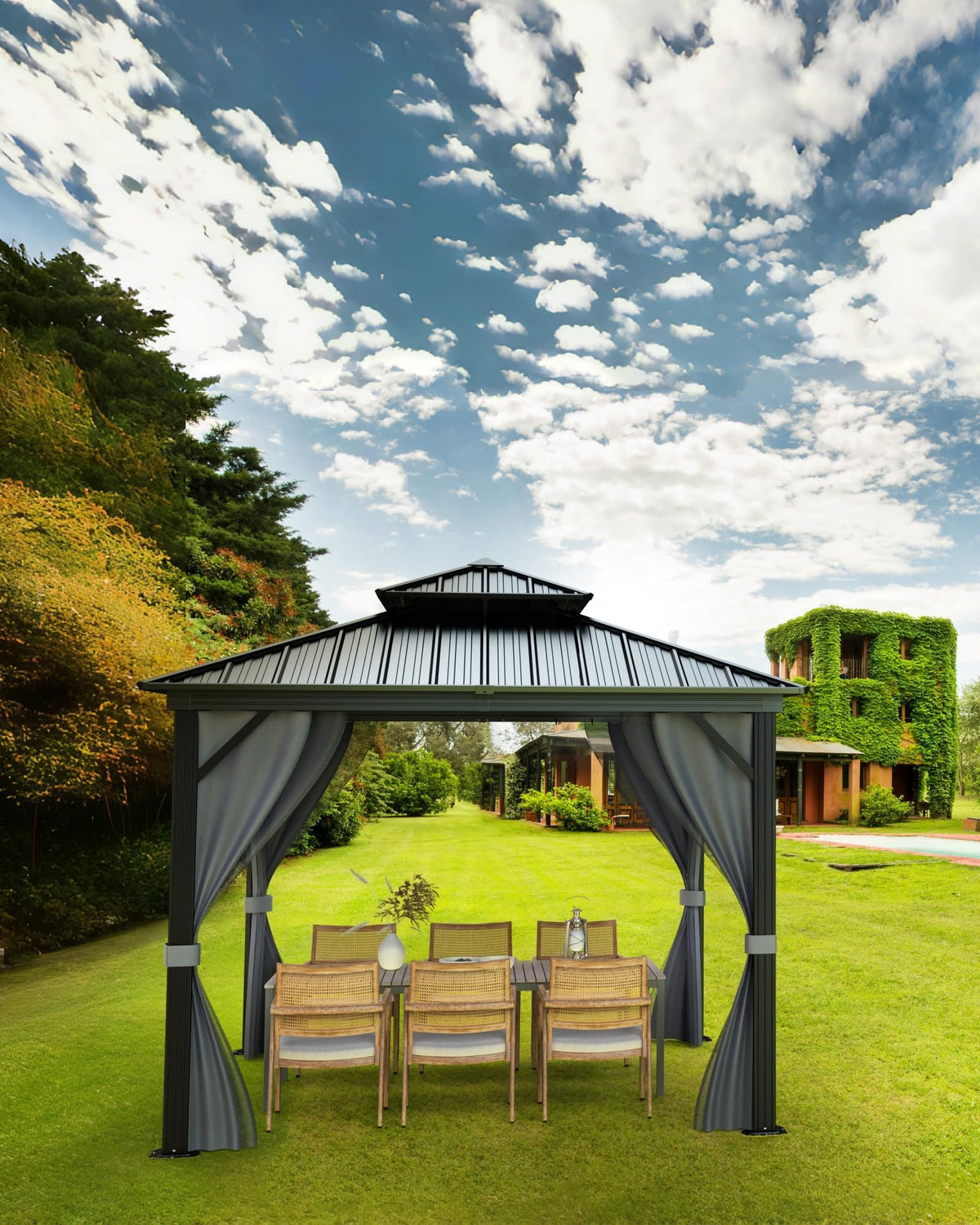 12'X12' Permanent Hardtop Gazebo, Aluminum Frame with Double Galvanized Steel Roof, Outdoor Patio Pavilion with Curtains & Netting for Backyard, Deck – Gray