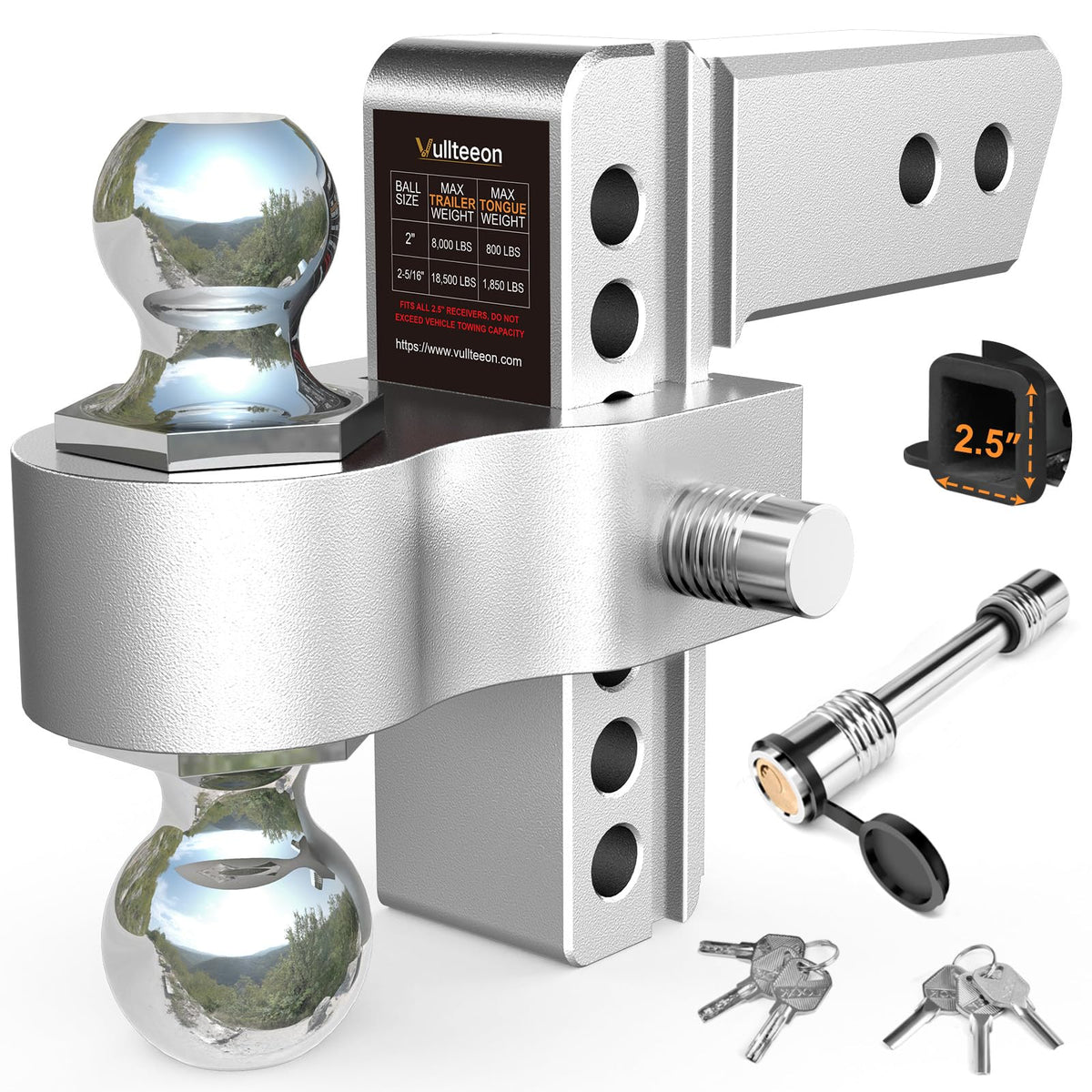 Drop Hitch 2.5 Inch Receiver, Vullteeon 6 Inch Adjustable Trailer Hitch Ball Mount, 18,500 LBS GTW, (2" & 2-5/16") Chrome Plated Steel Balls, Class 5 Aluminum Tow Hitches with 2 Anti-Theft Pins Locks